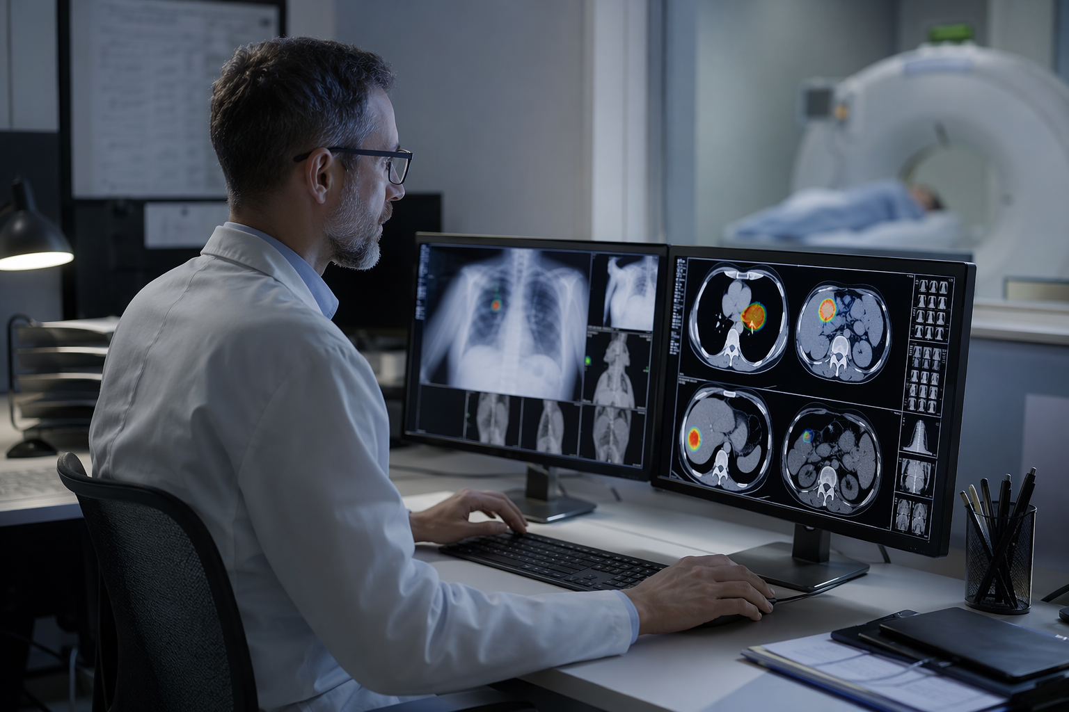 Radiologist reviewing CT and X-ray images with subtle AI analysis overlays