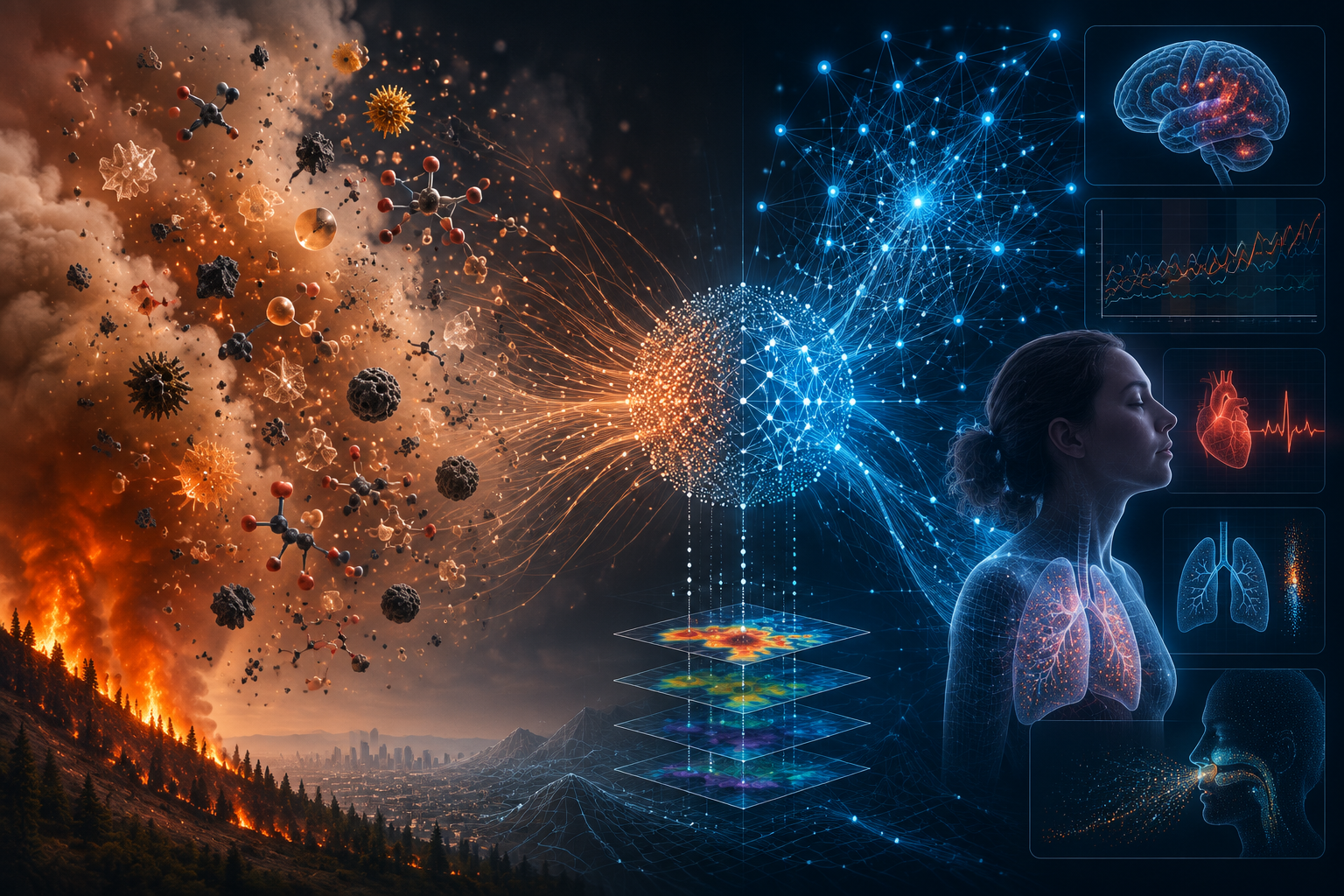Wildfire smoke particles, neural network data streams, and a clinical monitoring interface showing tension between PM2.5 mass and complex smoke composition