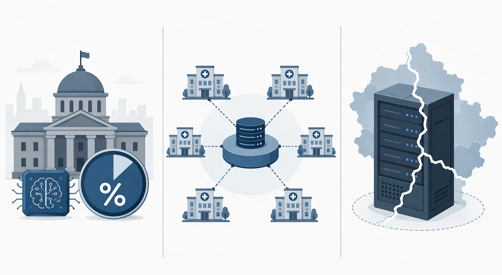 Three-panel comparison of government equity stakes, mandated centralized data platforms, and data-residency jurisdiction laws