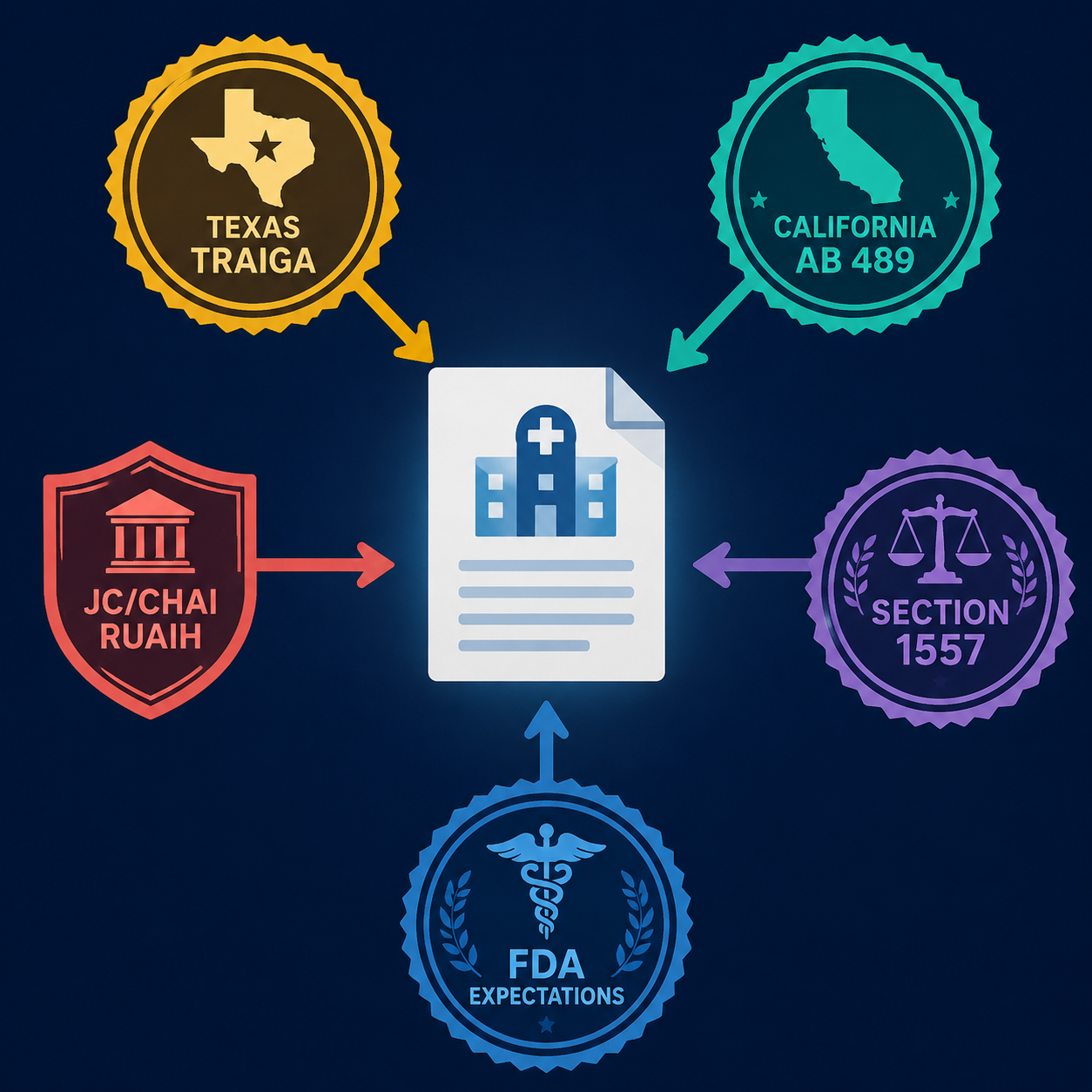 Hospital AI policy template surrounded by regulatory badges for Texas TRAIGA, California AB 489, JC/CHAI RUAIH, Section 1557, and FDA expectations