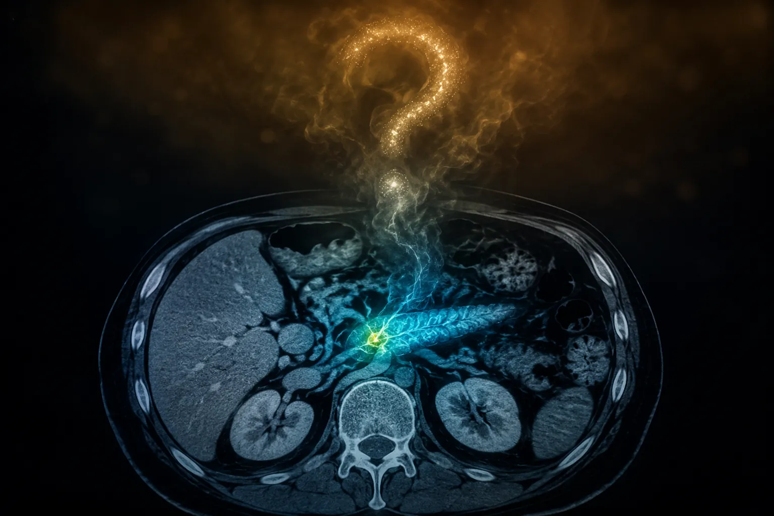 Pancreas CT cross-section with AI heatmap signal and uncertain mortality outcome