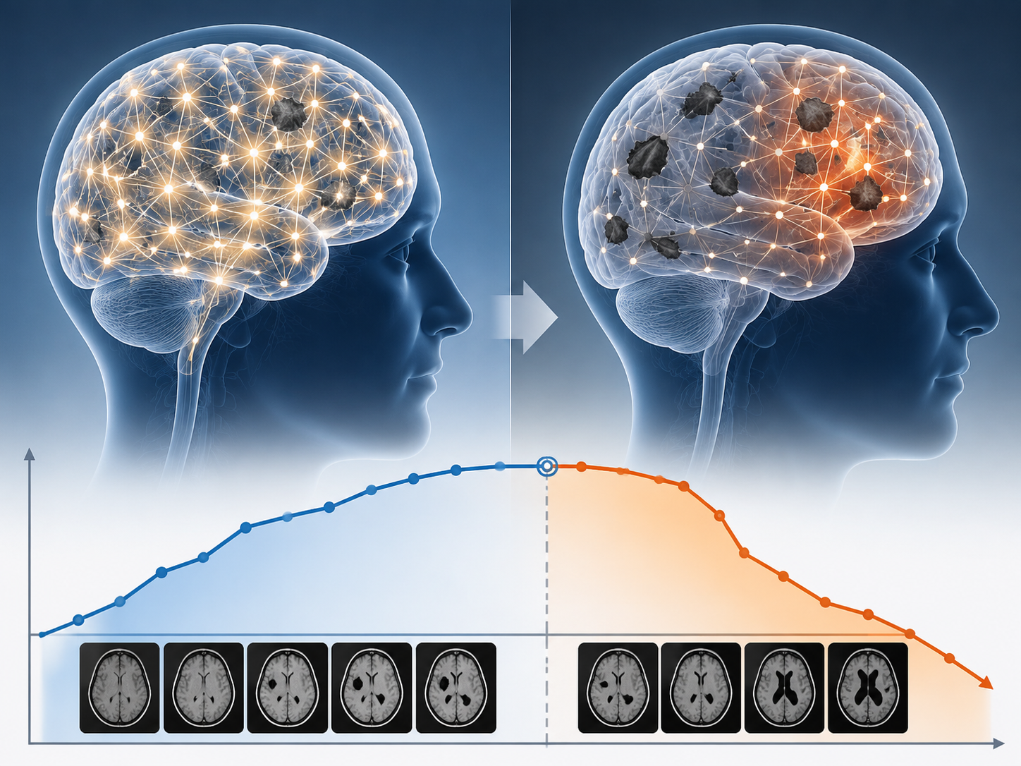 Brain diagram showing cognitive reserve pathways compensating for pathology before later decline