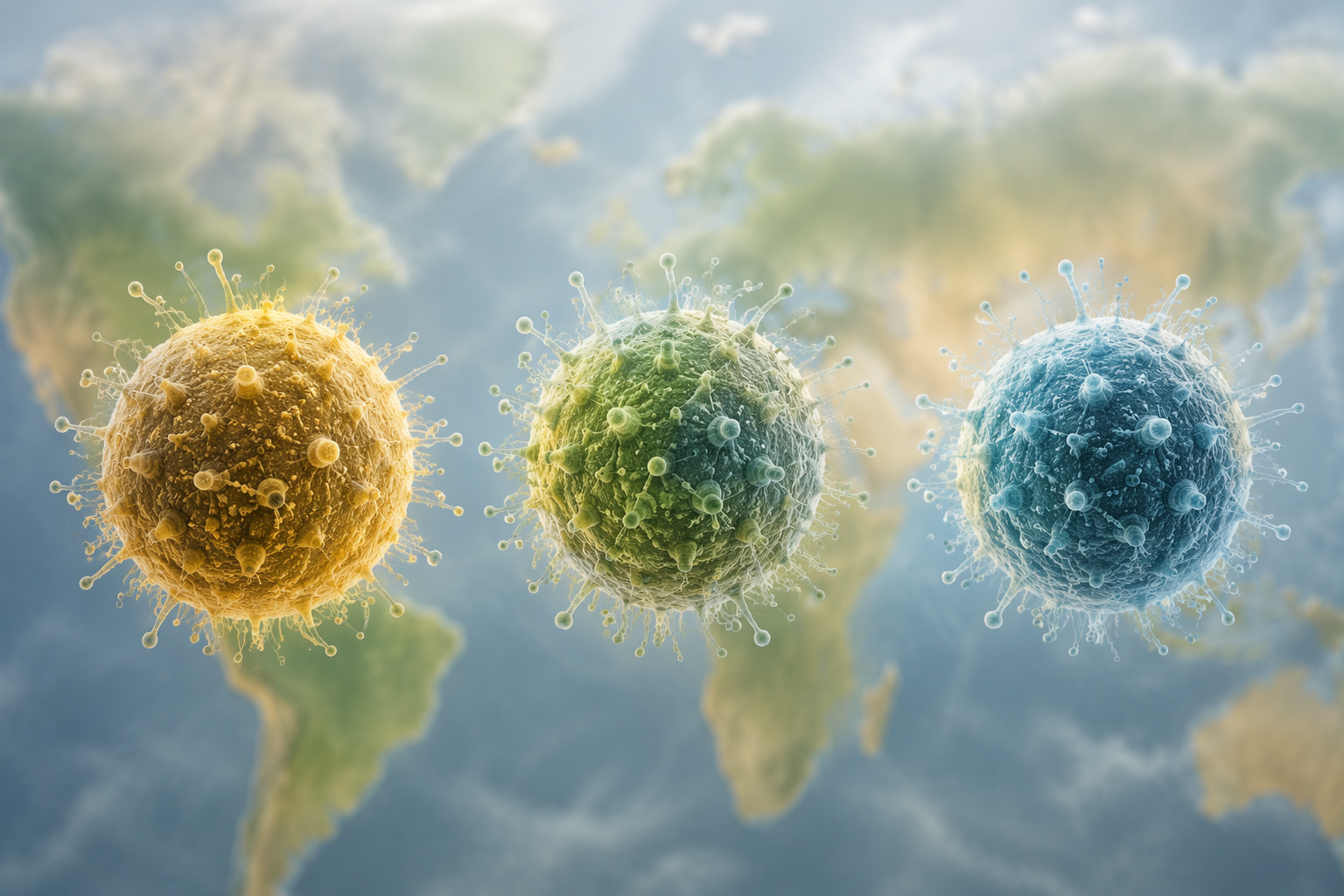 Three translucent spherical organisms in different colors floating over a blurred world map