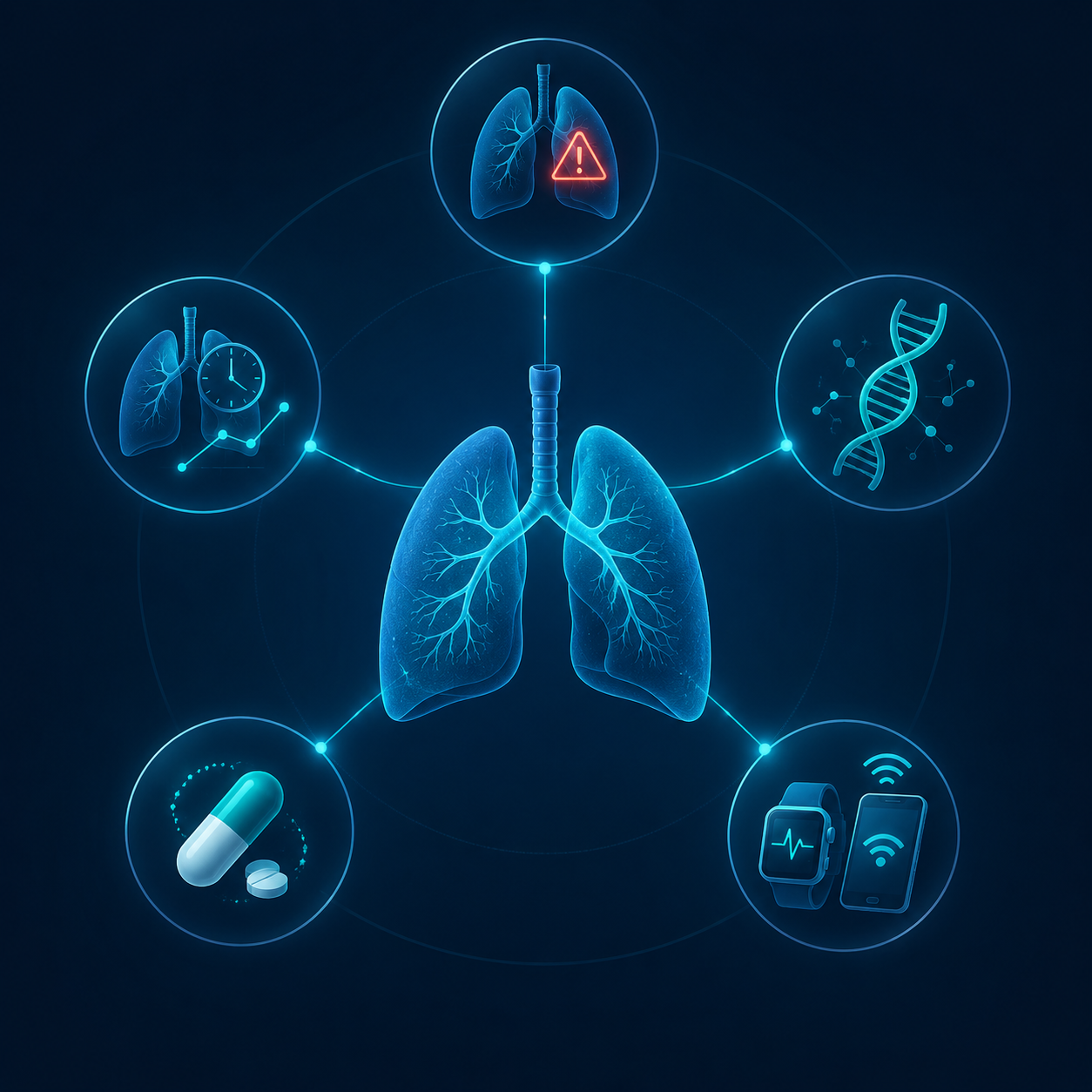 Stylized lungs connected to nodes representing PGD prediction, CLAD detection, molecular diagnostics, tacrolimus dosing, and remote patient monitoring