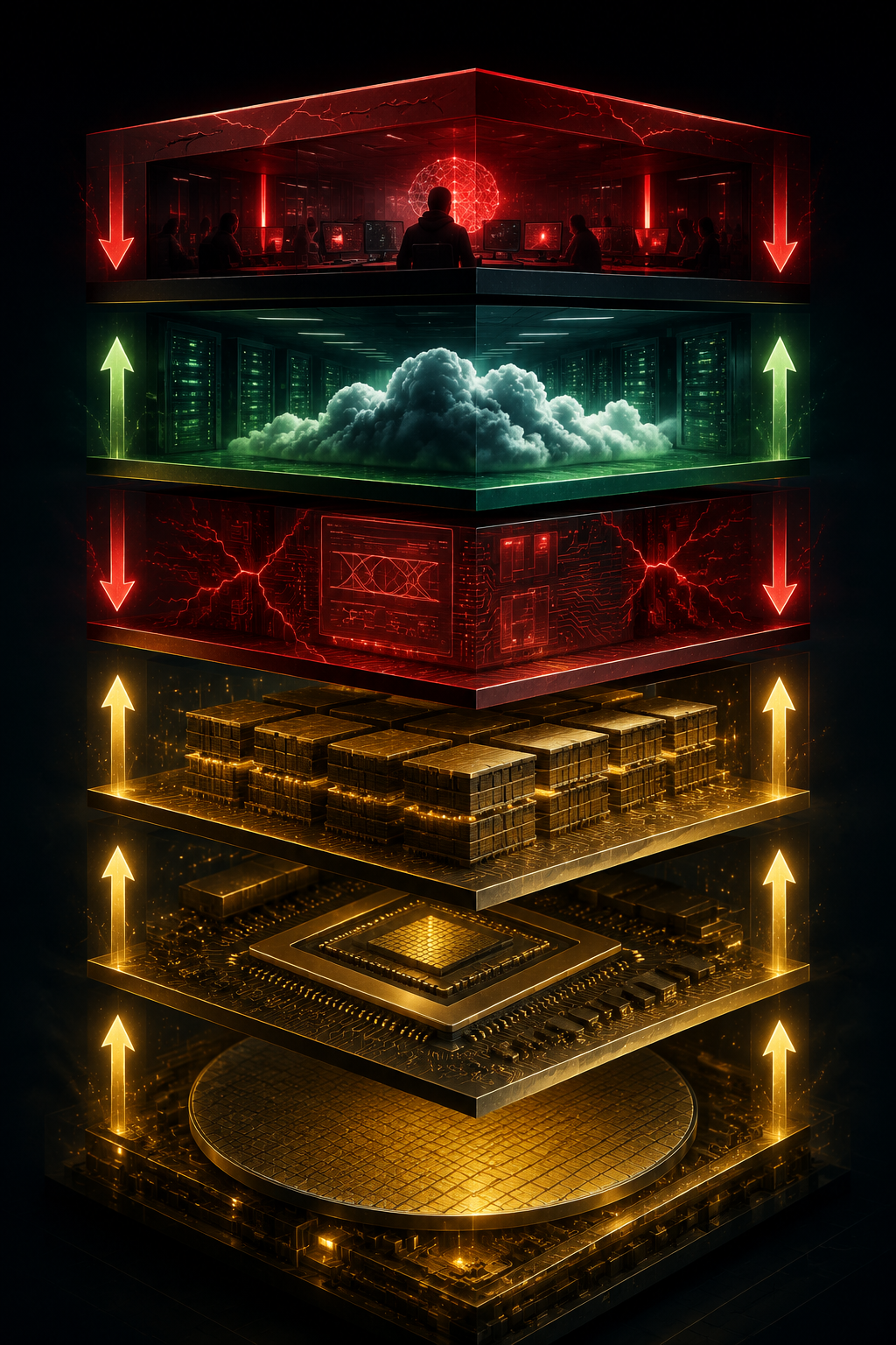 Layered AI infrastructure stack showing stronger pressure on EDA software and closed AI labs than on foundries, GPUs, memory, and cloud infrastructure