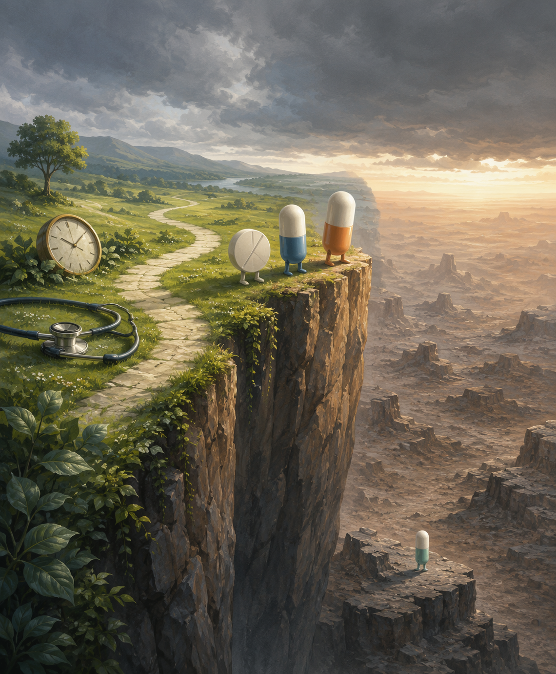 Illustration of medicines and patients near a steep pricing cliff