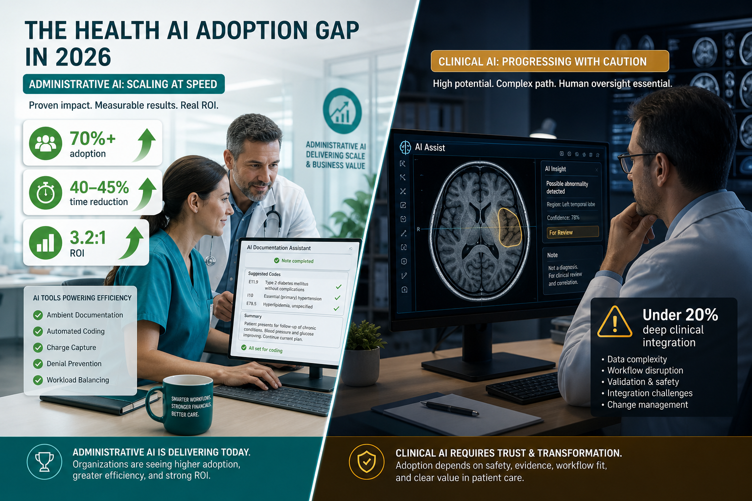 Split visual contrasting the health AI adoption gap: bright left side showing admin AI adoption stats (70%+, 40-45% time reduction, 3.2:1 ROI) against a darker right side showing clinical AI with a caution symbol and 'Under 20% deep clinical integration' text.