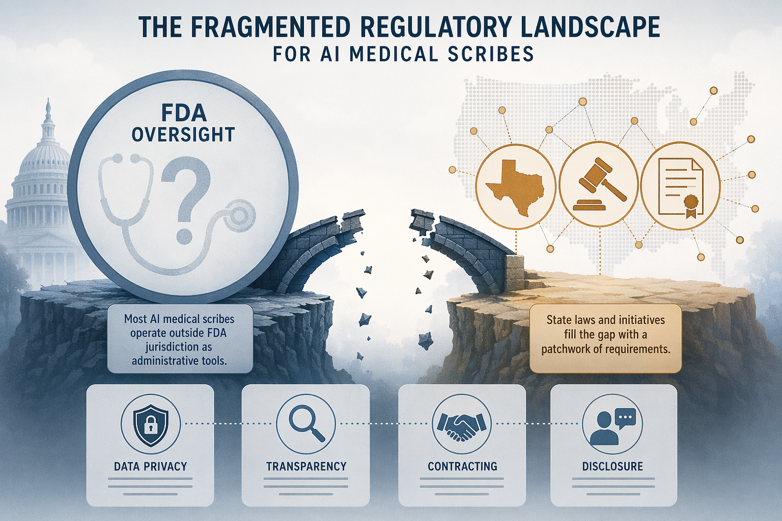 Split visual showing AI scribes outside FDA oversight on one side and Texas state AI compliance symbols on the other