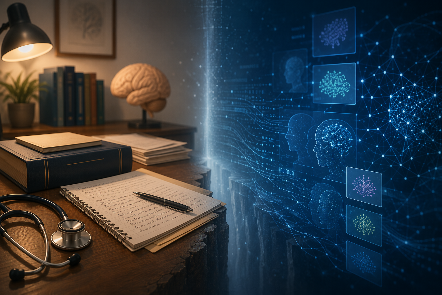 Clinician desk and diagnostic manual separated from AI data streams and diagnostic category labels