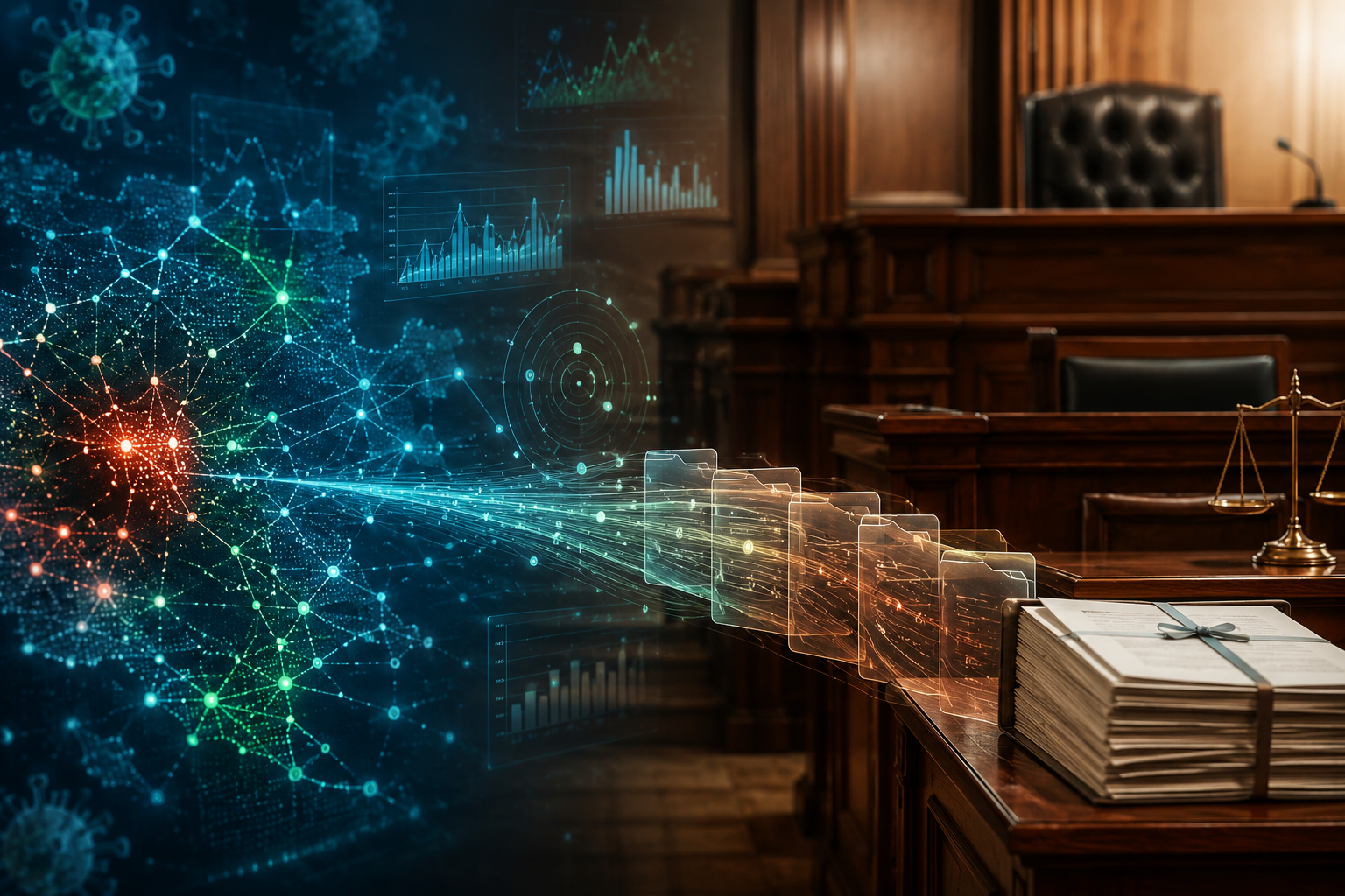 Epidemiological AI data visualizations transitioning into courtroom evidence