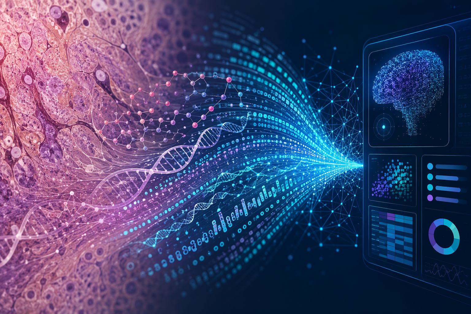 Abstract visual of brain tissue molecular data flowing into AI diagnostic interfaces