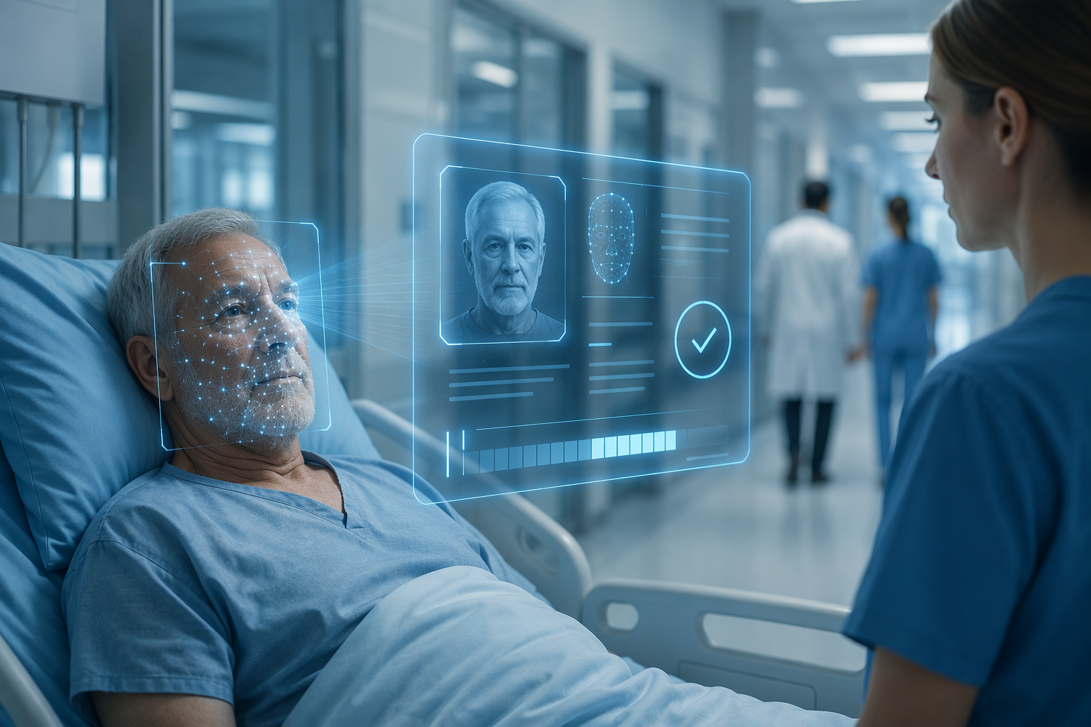 AI biometric patient identification interface in a modern hospital corridor