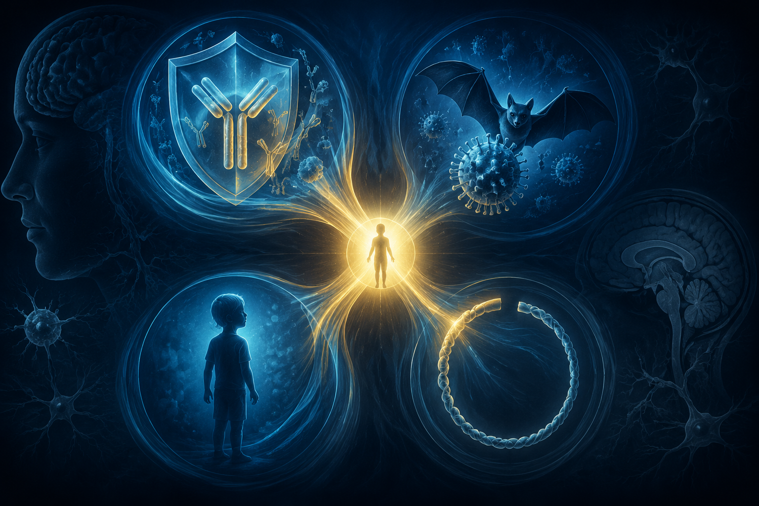 Abstract clinical illustration of antibody response, bat-derived variant, young age, and partial immune priming converging on survival
