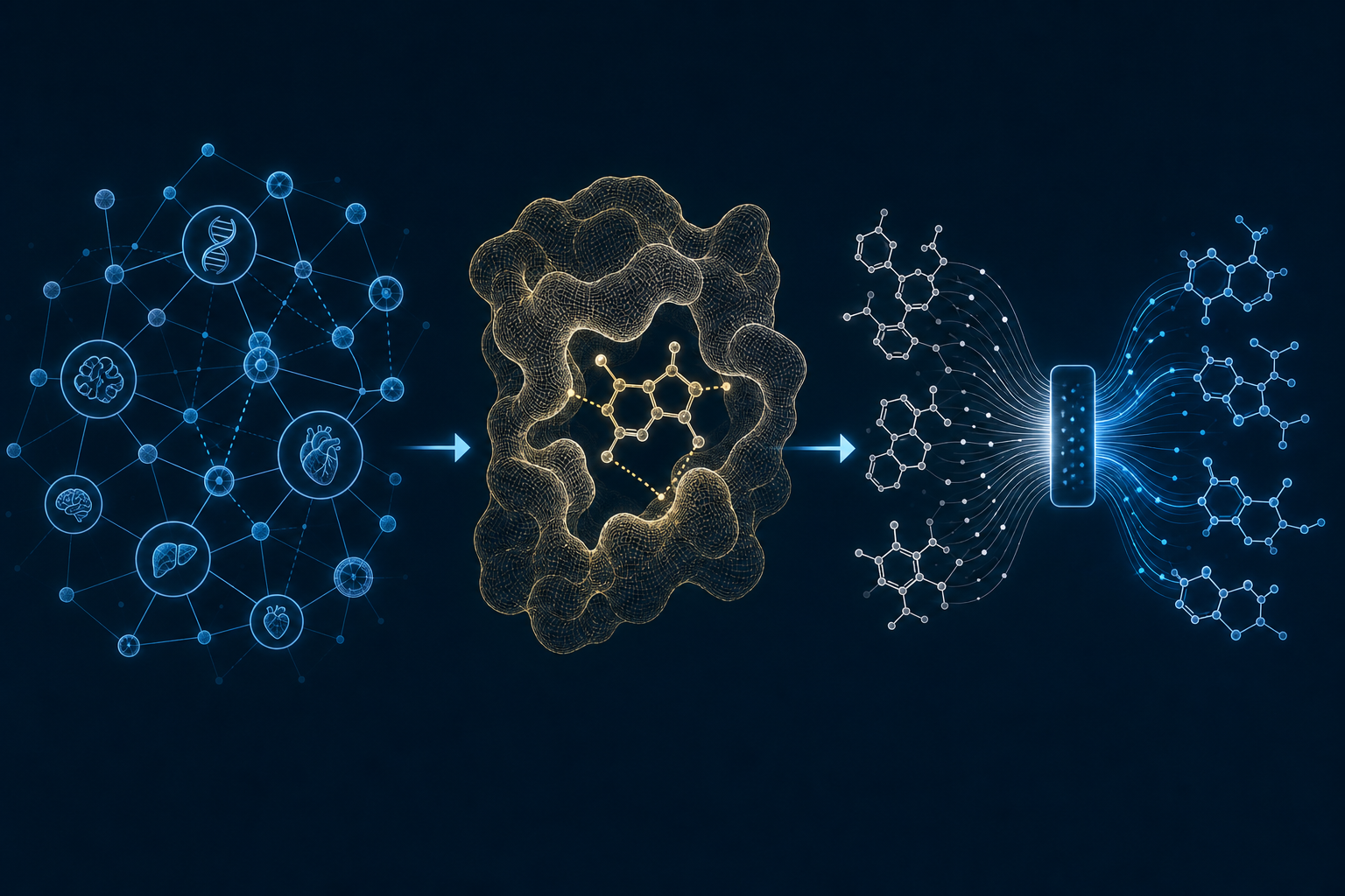 Three sequential AI drug discovery pipeline stages: a knowledge graph on the left, a protein binding-site structure at center, and generative chemical structures on the right, connected by directional arrows.