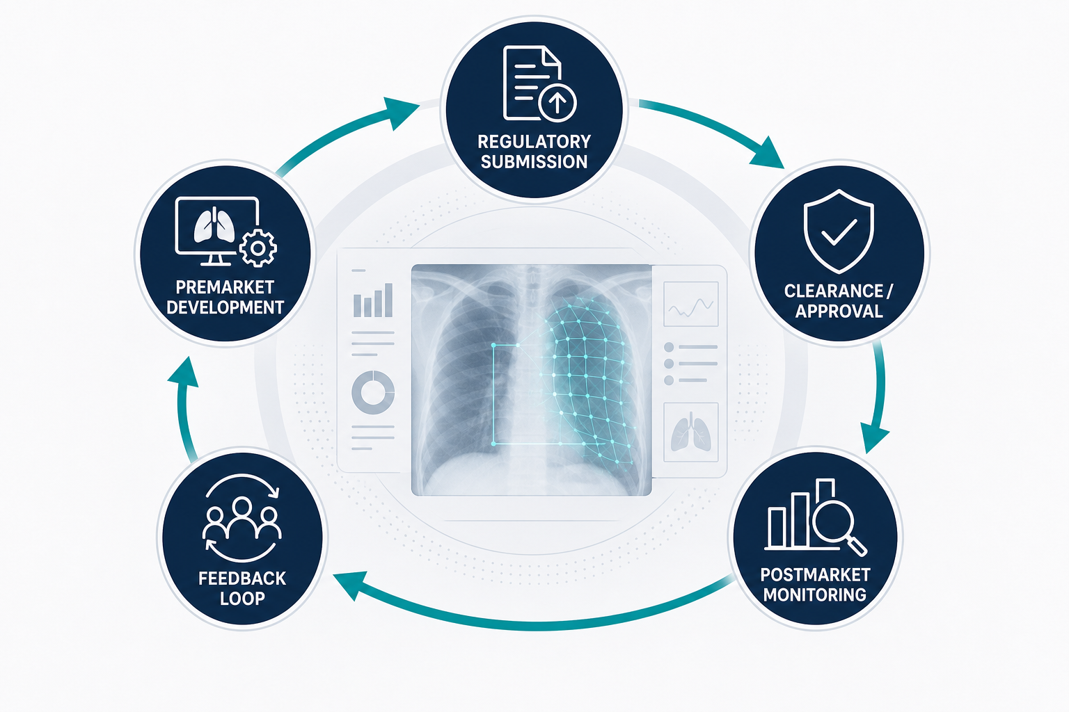 Circular arc-shaped lifecycle flow diagram for an AI-enabled medical device, showing stages from premarket development through regulatory submission, clearance, and postmarket monitoring connected by teal arrows