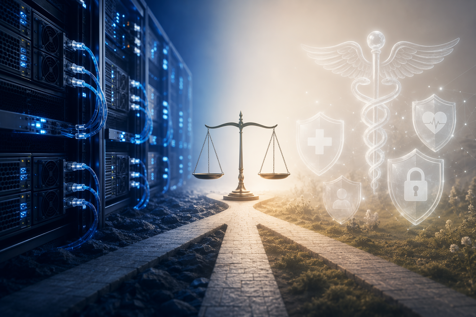 GPU server racks balanced against healthcare compliance symbols