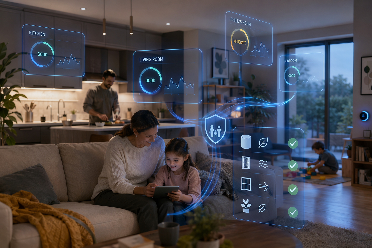 Family living room with room-level air quality readings and AI-generated safety recommendations