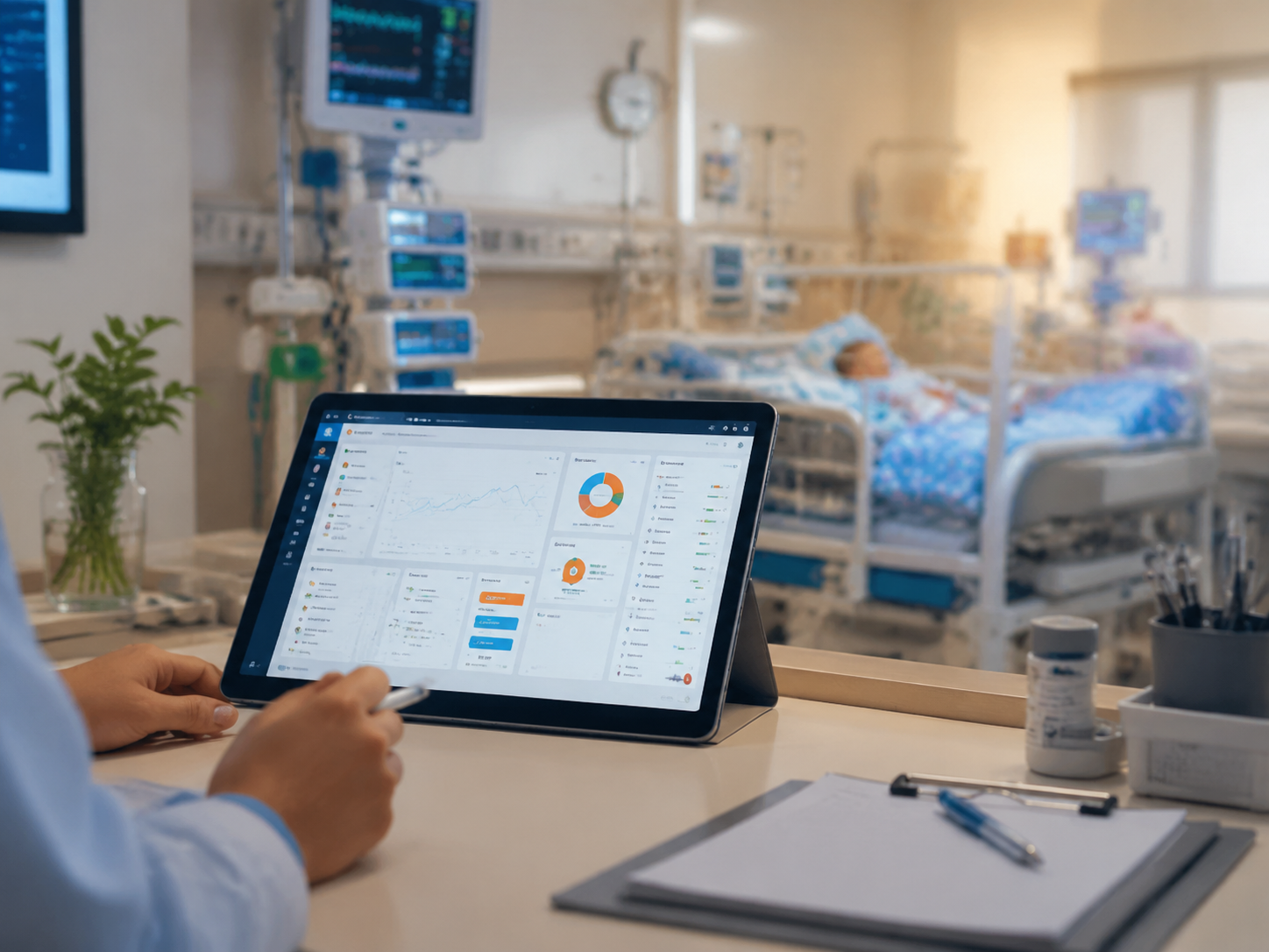 Clinician reviewing an AI-assisted nutritional planning interface in a pediatric hospital setting.