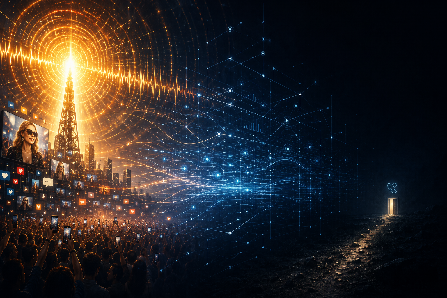 Celebrity announcement surge connected by AI measurement nodes to a small helpline doorway