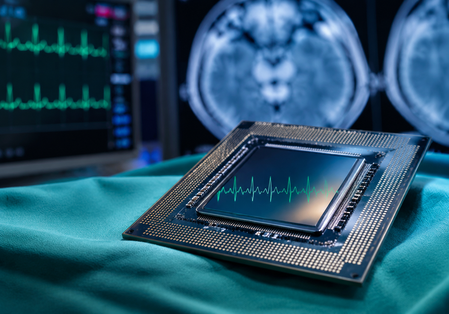 Advanced AI processor chip on a sterile surgical drape with an MRI monitor in the background