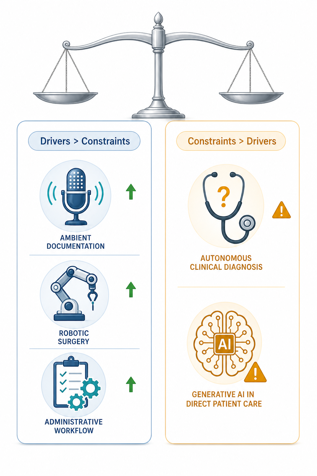 Two-column comparison illustration for AI healthcare segments: left column titled 'Drivers Outweigh Constraints' shows icons for ambient documentation, robotic surgery, and administrative workflow with green upward arrows; right column titled 'Constraints Dominate' shows icons for autonomous clinical diagnosis and generative AI in direct patient care with amber caution indicators.