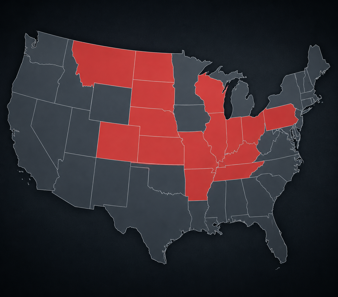 Digital U.S. map highlighting the 15 states affected by the reported Taylor Farms romaine E. coli outbreak
