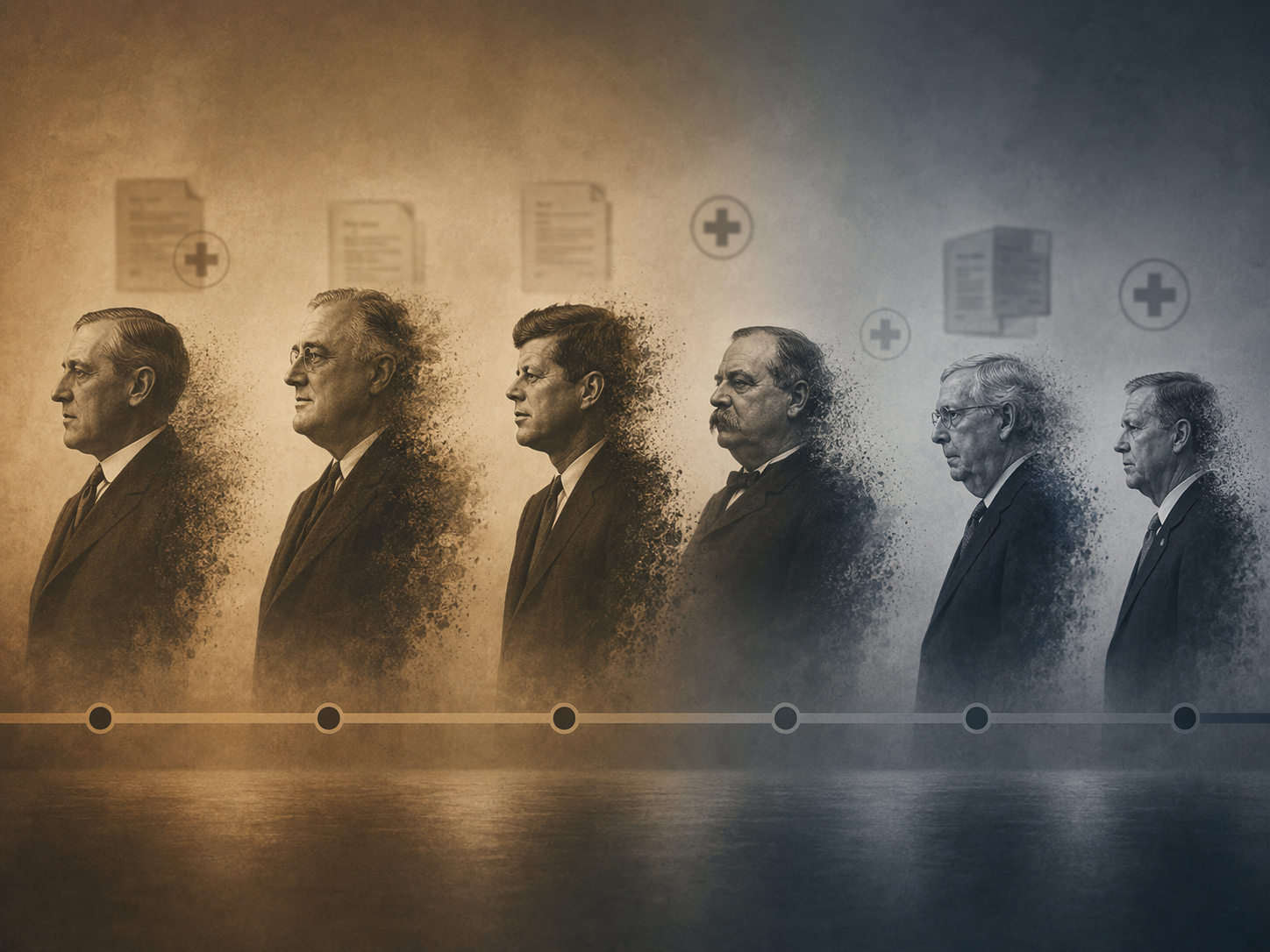 Timeline of historical and modern political leaders with fading figures and medical document icons suggesting repeated health concealment