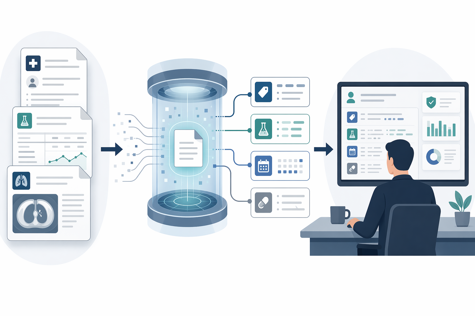 Clinical documents flow through NLP to adjudicator review