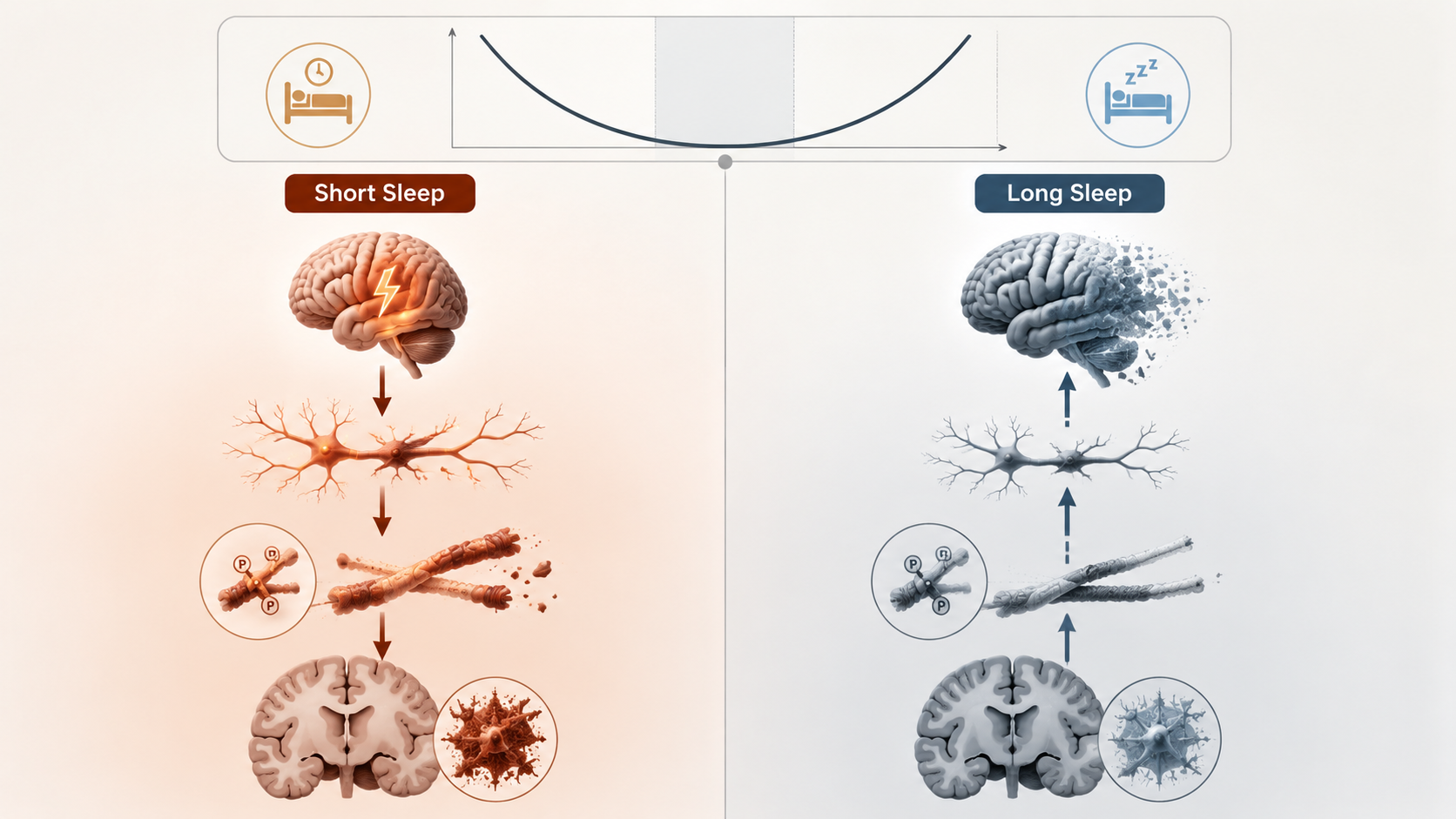 Split-panel medical graphic comparing short sleep as active tau drive and long sleep as possible reverse causation from neurodegeneration