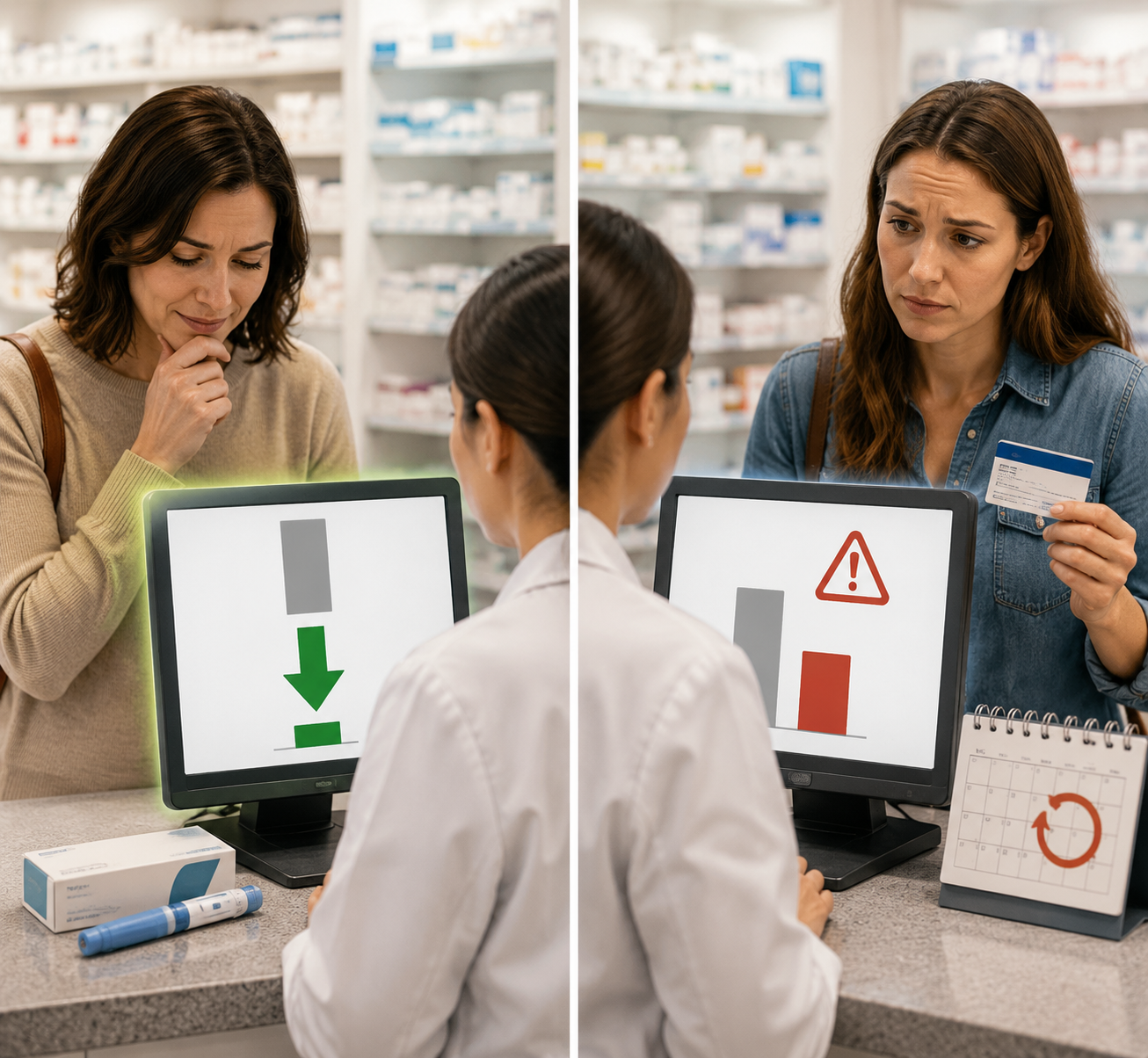 Split pharmacy counter showing uninsured cash savings and an insured patient facing a deductible tradeoff