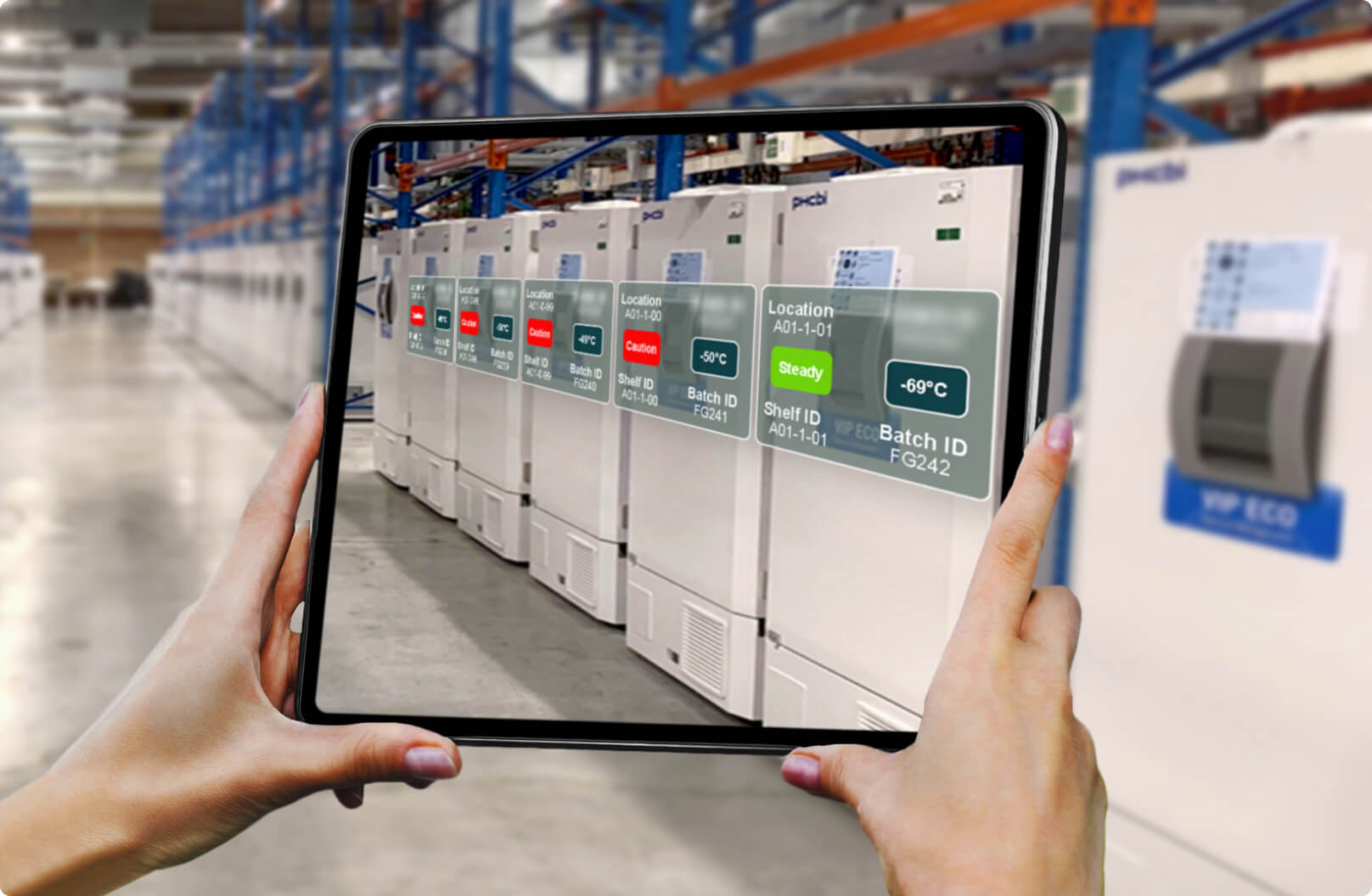 Tablet displaying augmented reality technology over vaccine manufacturing equipment