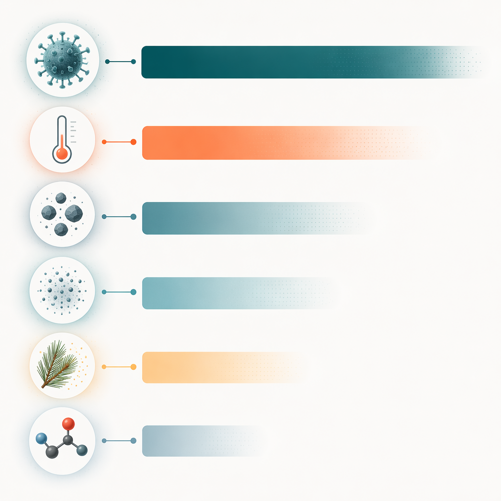 Infographic ranking influenza, temperature, particulate matter, pollen, and molecule icons as environmental asthma drivers
