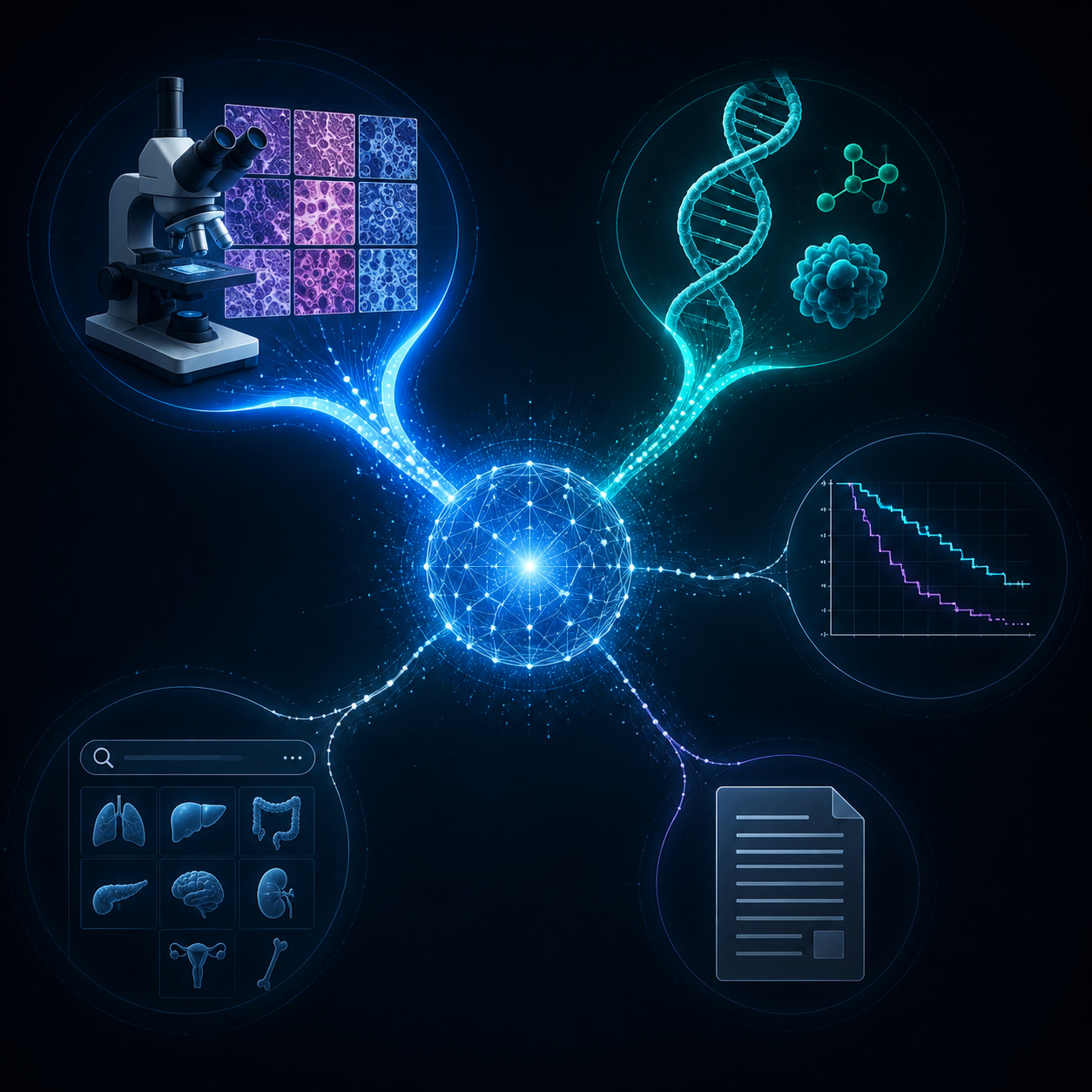 Digital pathology foundation model branching into cancer diagnosis, biomarker prediction, prognosis, rare cancer retrieval, and automated report generation