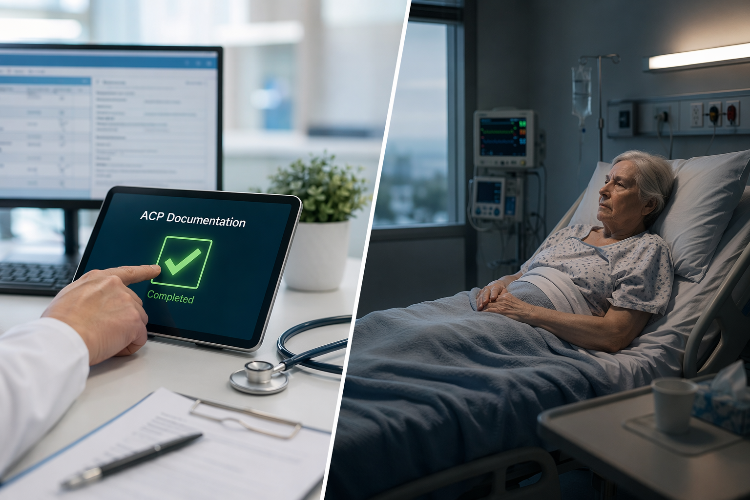 Clinician checking an ACP documentation completion box beside a patient room where the patient's experience remains unchanged