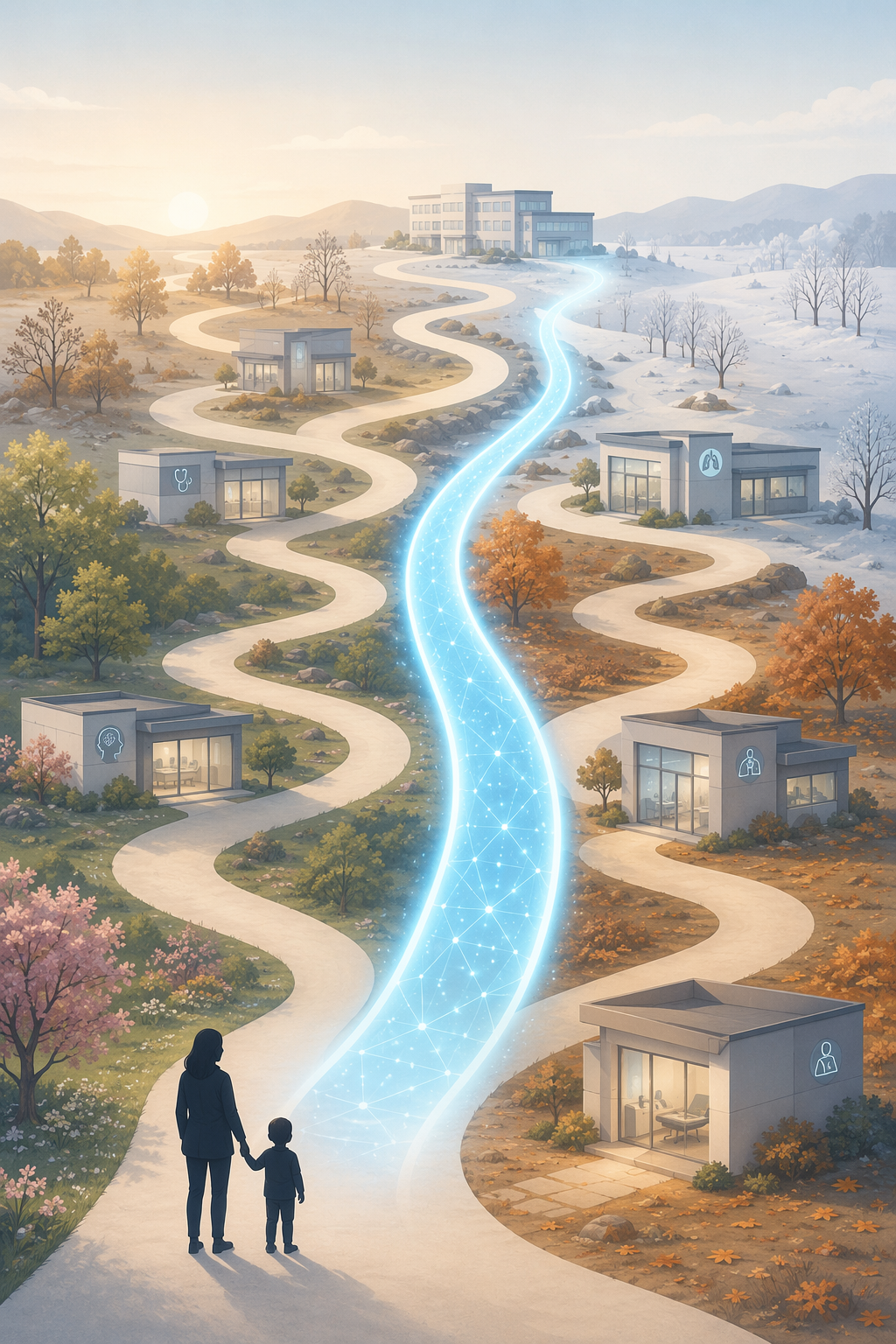 Parent and child at the start of a long diagnostic path with an AI-like shortcut line