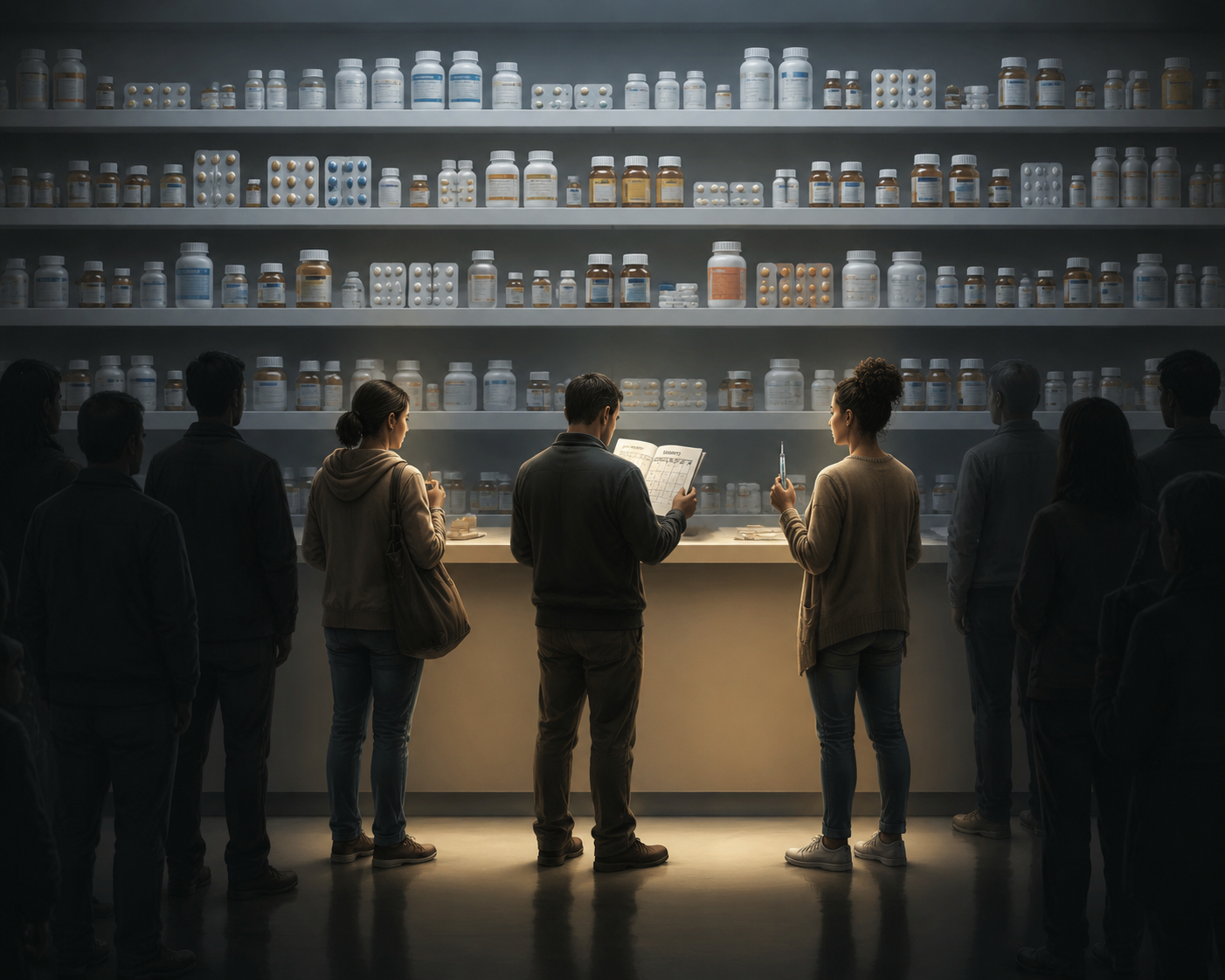 Pharmacy display with only an uninsured person, a high-deductible plan holder, and a patient with an injector pen highlighted