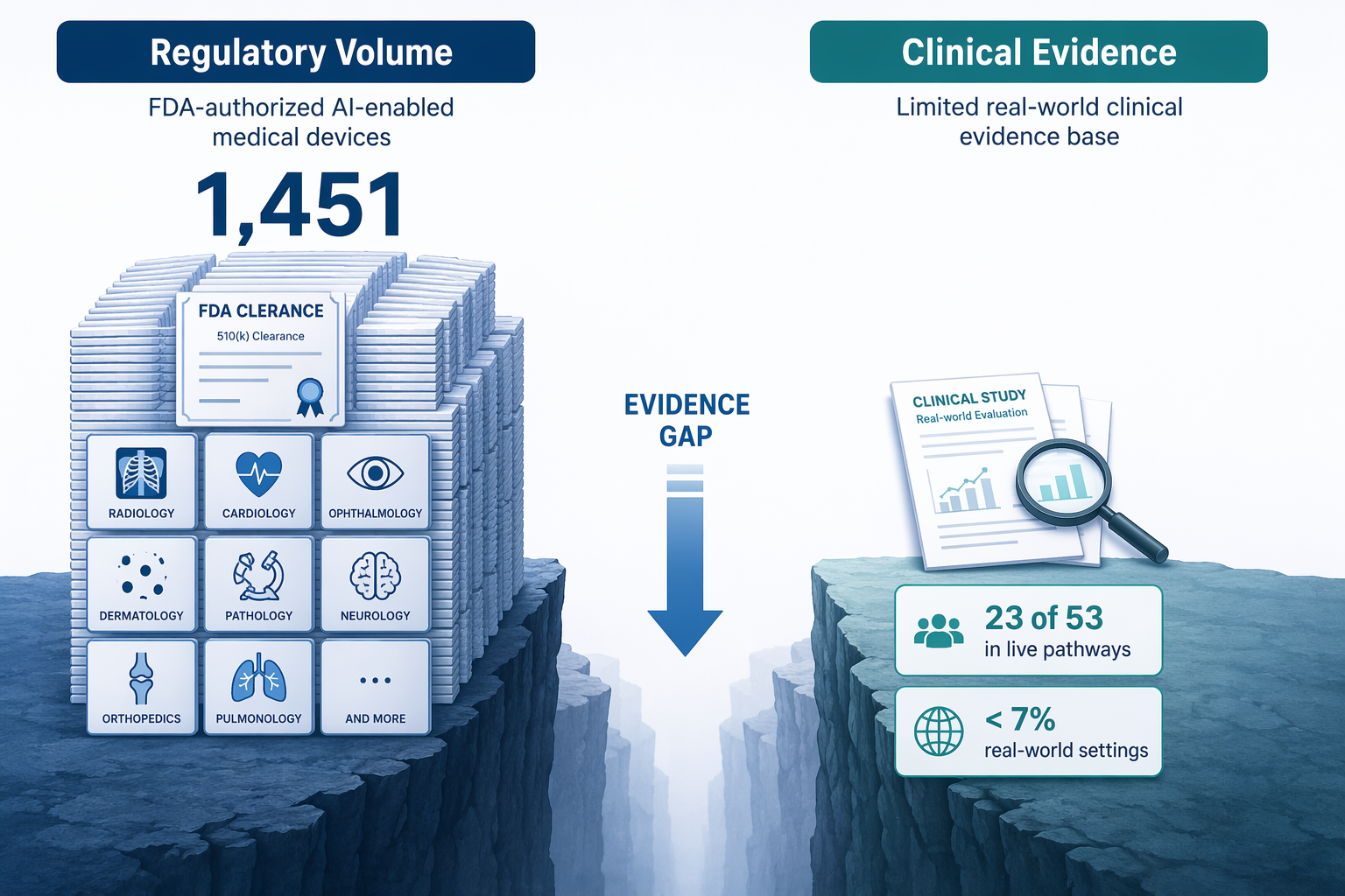 Editorial infographic comparing a tall stack of FDA clearance icons labeled 'Regulatory Volume' with 1,451, and a sparse stack of document icons labeled 'Clinical Evidence' annotated with '23 of 53 in live pathways' and '< 7% real-world settings', with a wide gap between them.