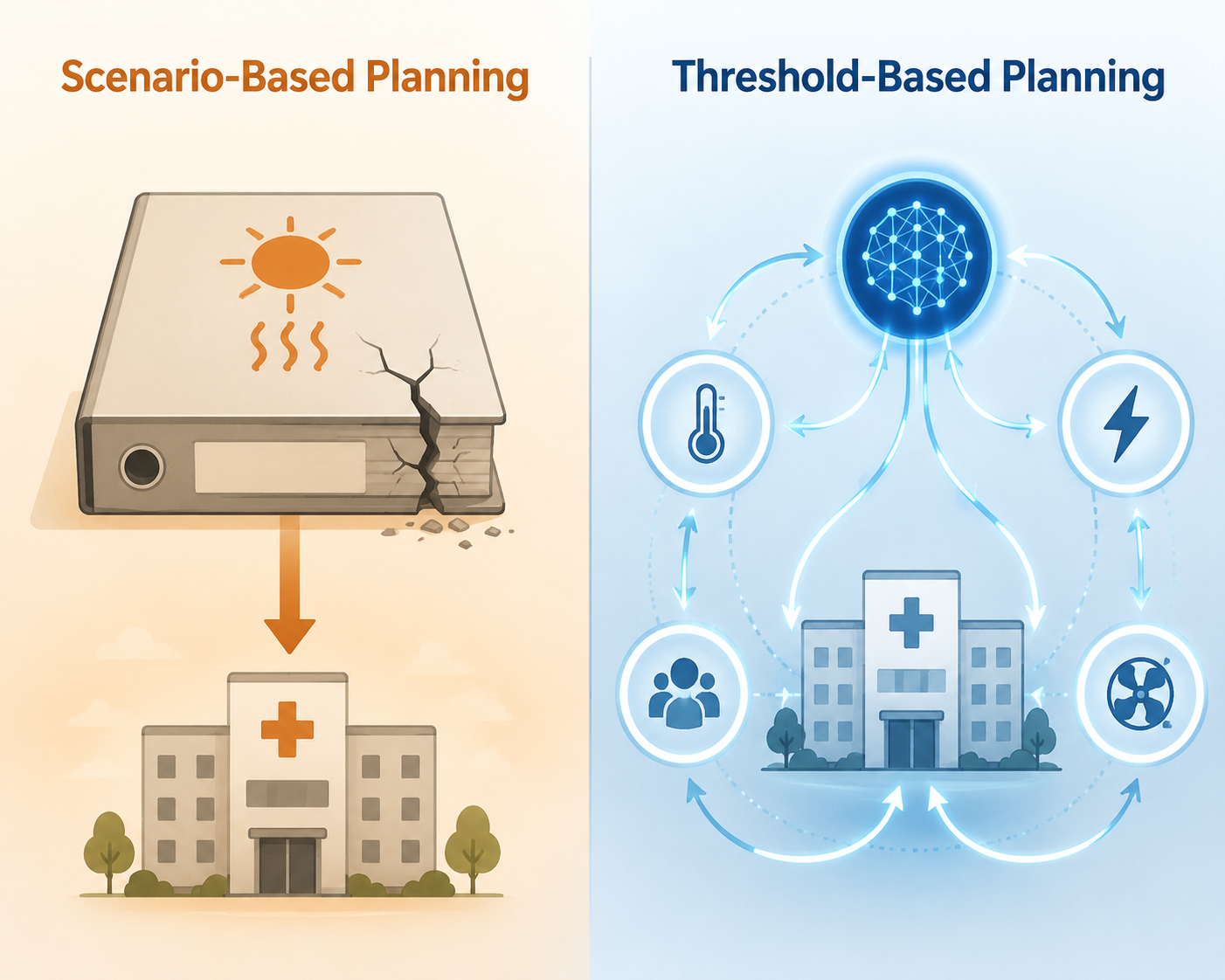 Diagram contrasting a cracked scenario binder with dynamic hospital threshold monitoring by AI