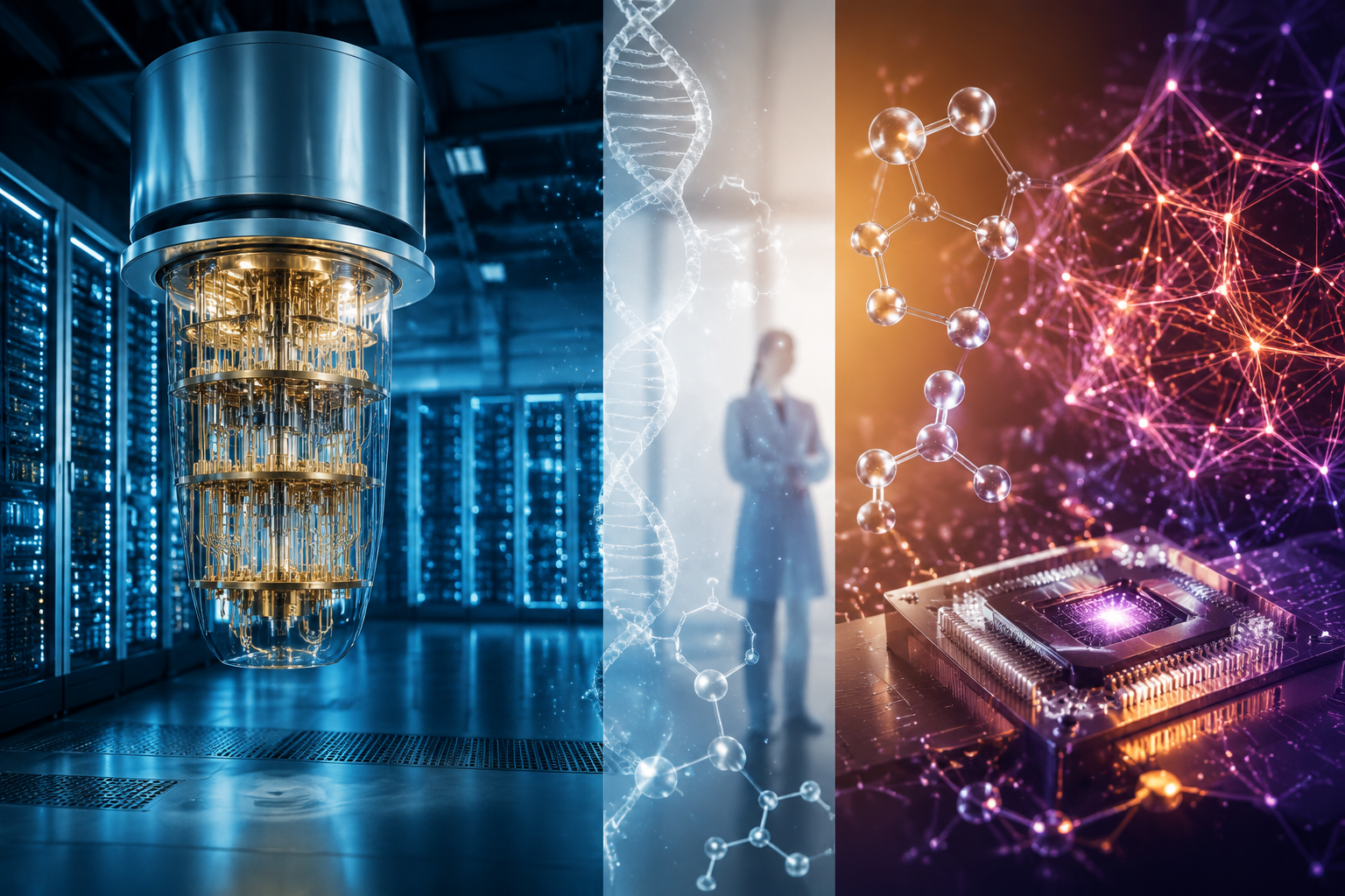 Split view of quantum infrastructure and molecular healthcare computing concepts