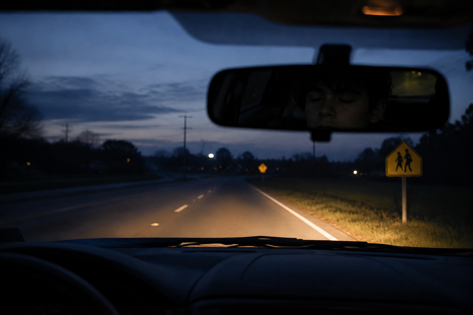 Pre-dawn view through a car windshield toward a dim school zone sign with a sleepy teenage silhouette in the mirror