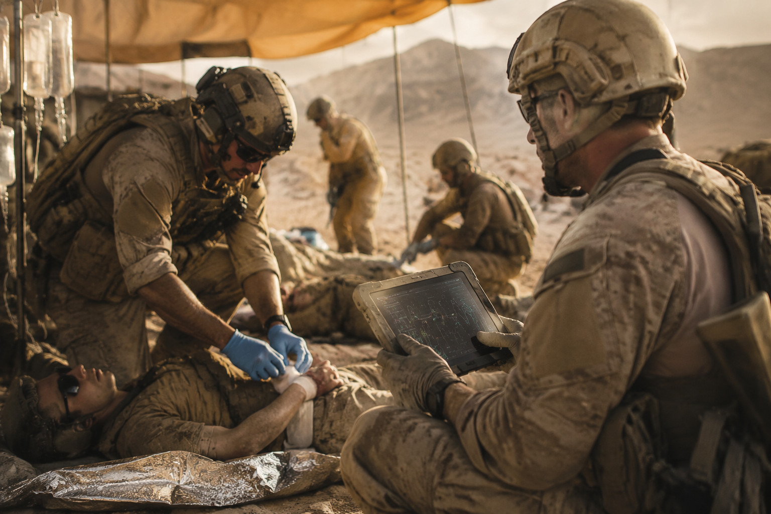 tactical medical team using a tablet during casualty care in an austere desert setting