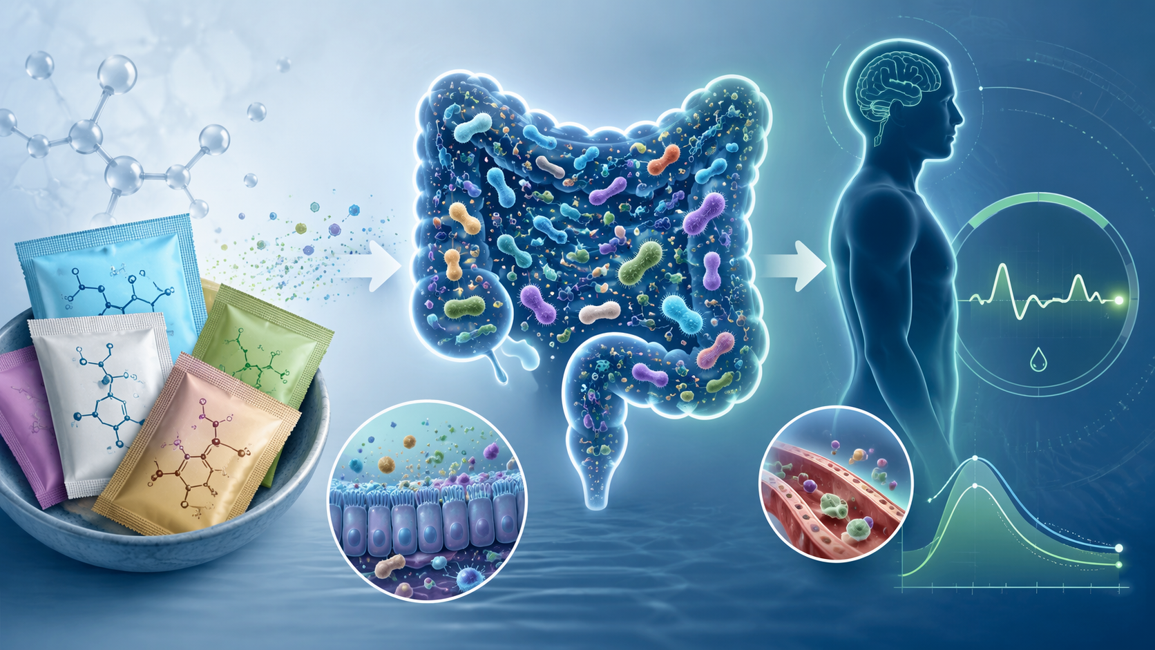 Artificial sweetener molecules interacting with diverse gut bacteria and a glucose monitor waveform