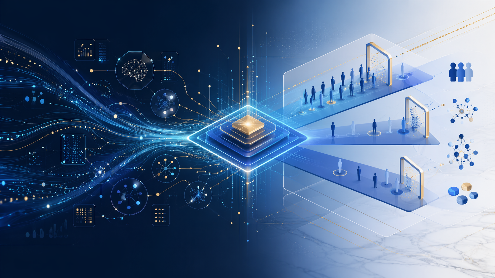 Streams of clinical trial data and algorithmic nodes merging with structured trial phases and eligibility gateways