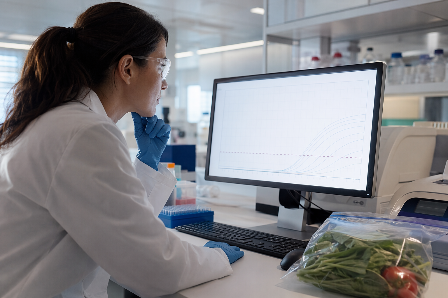 A food safety scientist in a laboratory reviewing a faint PCR curve near the detection threshold beside a produce sample
