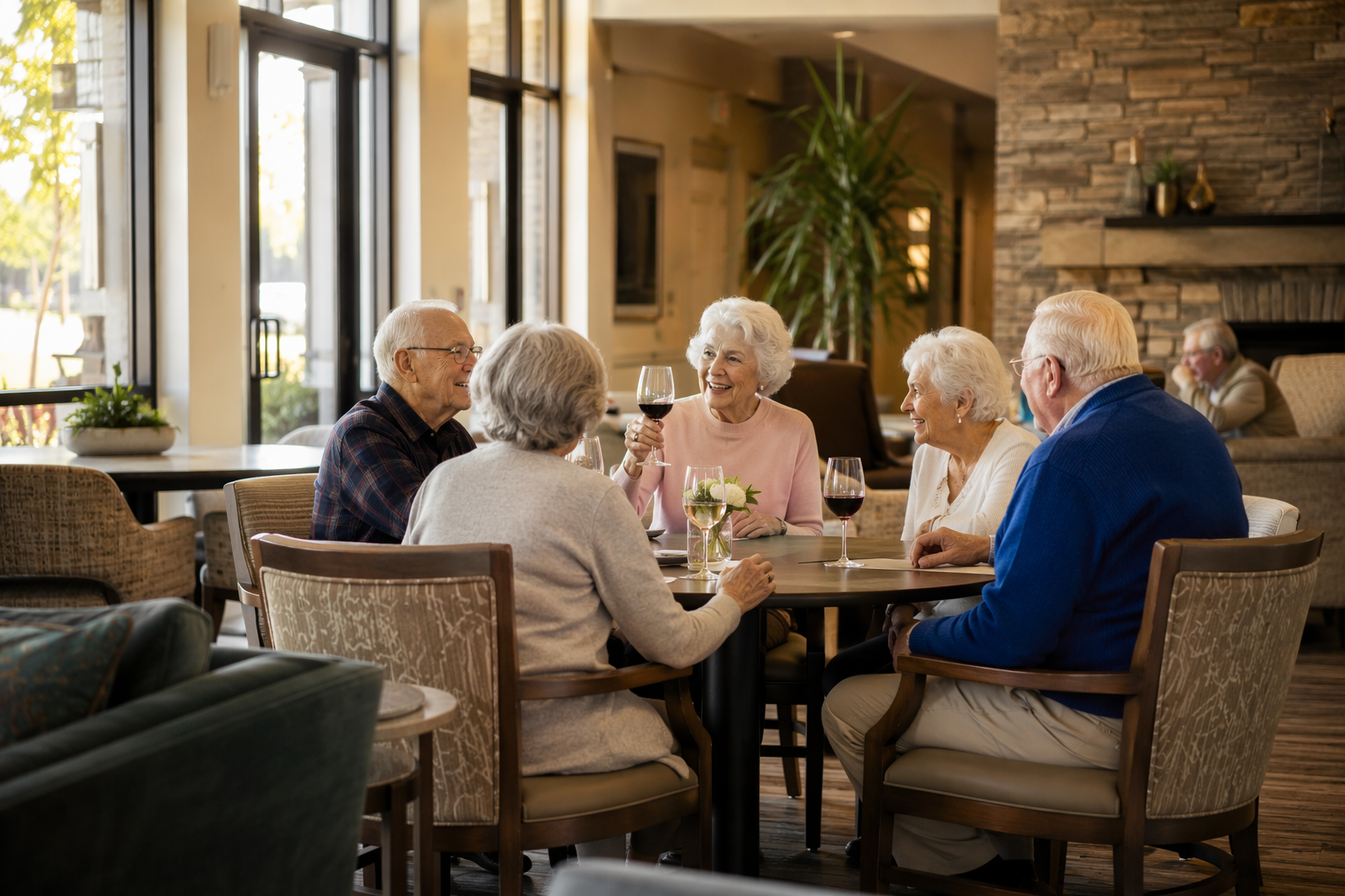 Older adults gathered around a table with small wine glasses during a social hour in a bright senior living common area