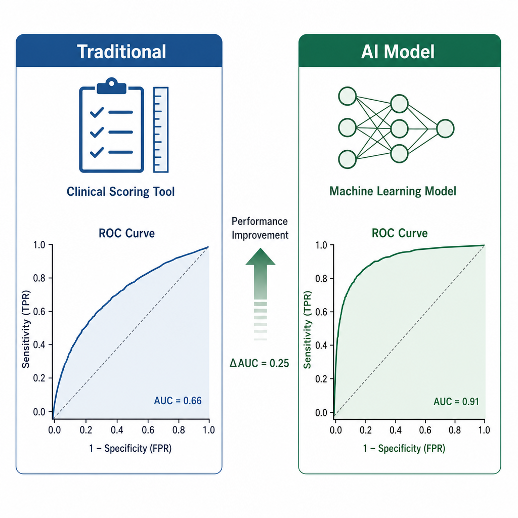 Side-by-side comparison diagram showing ROC curves for traditional scoring tools versus AI models, with the AI model curve showing a larger area under the curve.