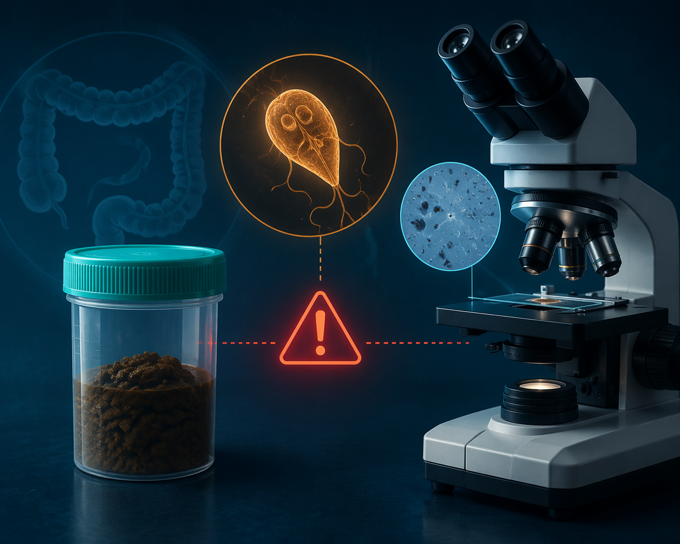 Stool sample container and microscope with a warning symbol suggesting standard testing may miss the parasite
