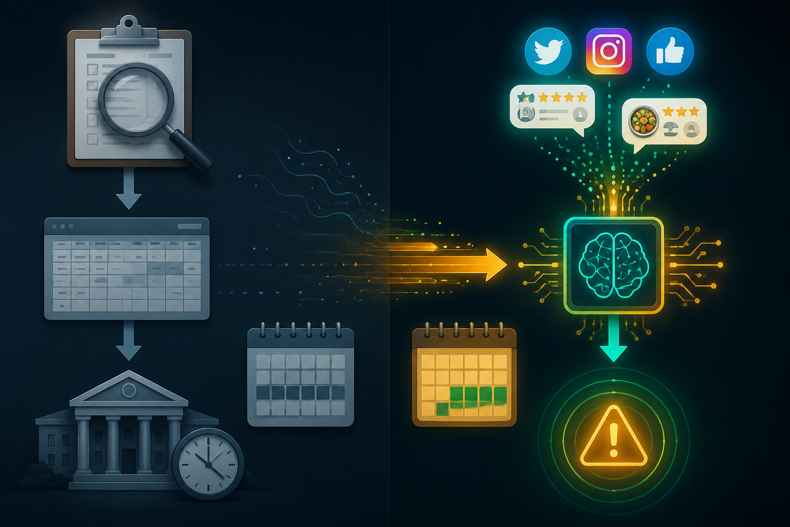 Split comparison of slow traditional reporting workflow and faster AI-enhanced surveillance workflow