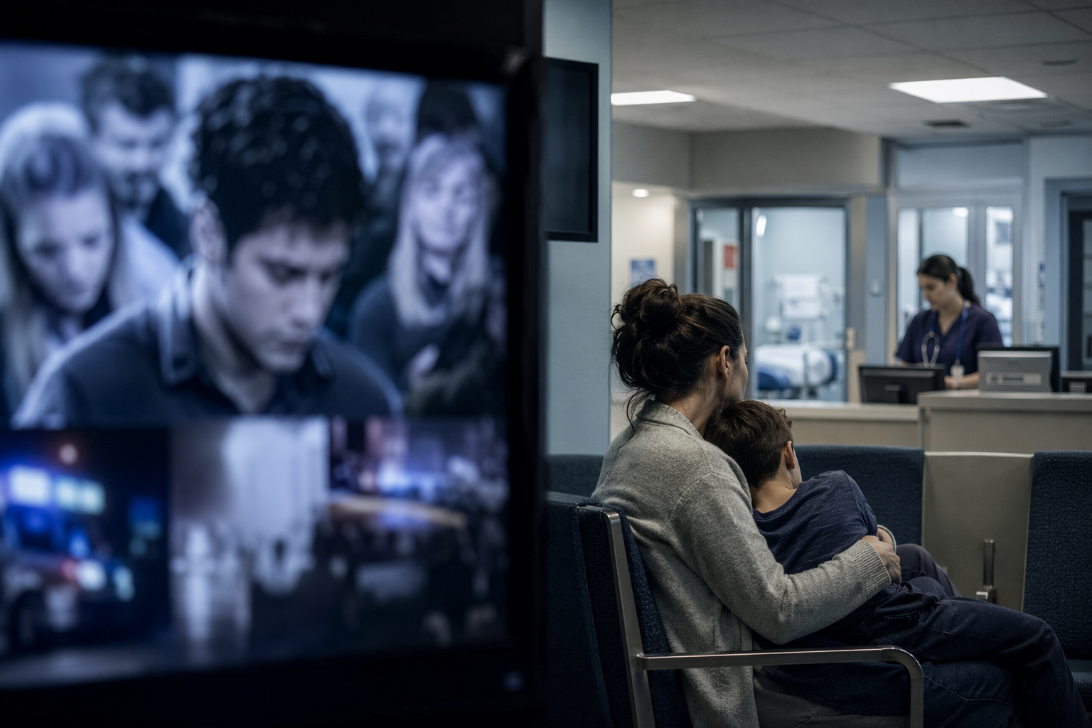 Breaking-news celebrity death coverage beside a pediatric emergency department waiting room with an anxious parent, child, and triage nurse