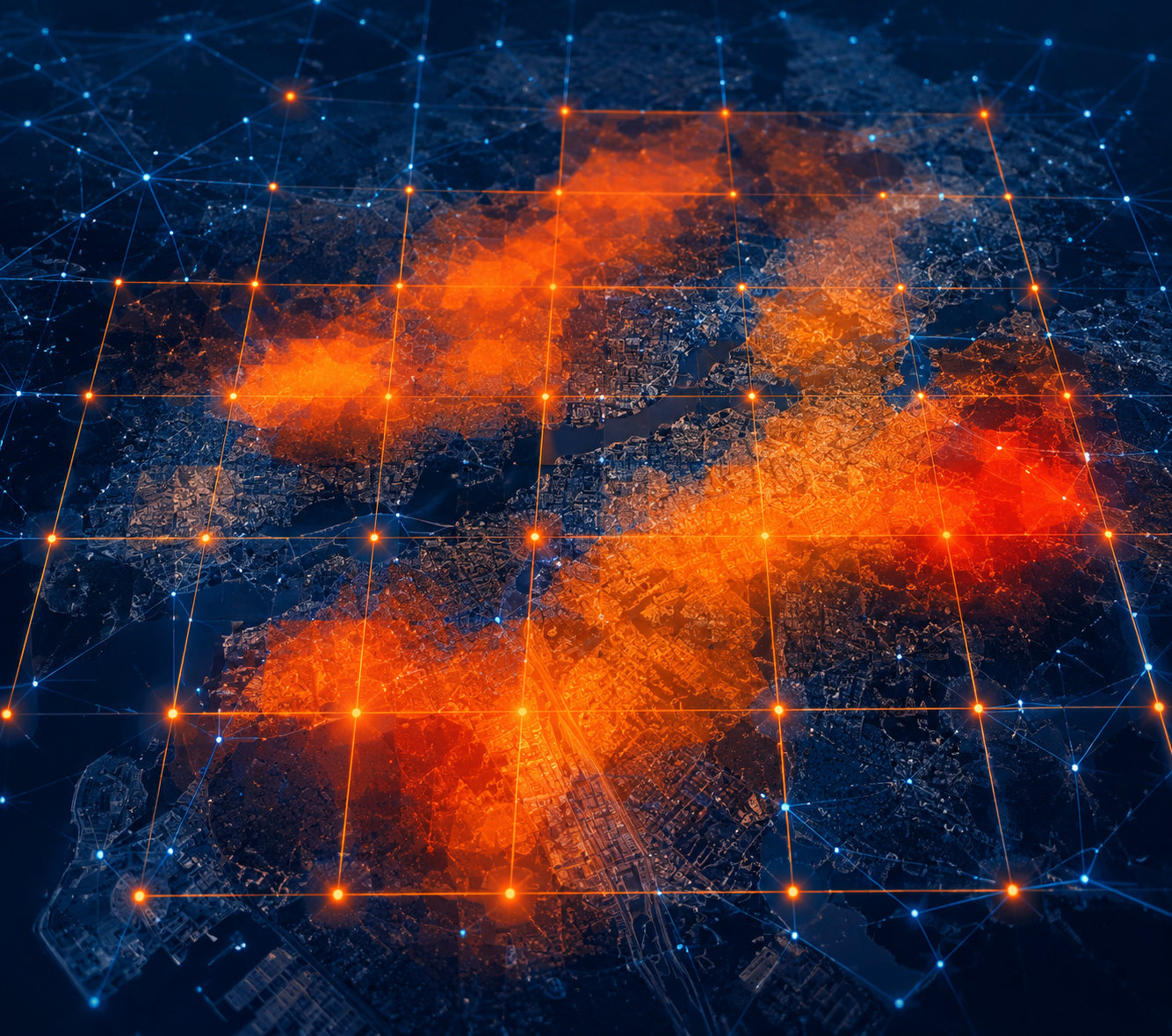 City map divided into grid squares with orange smoke concentration overlays and digital network lines